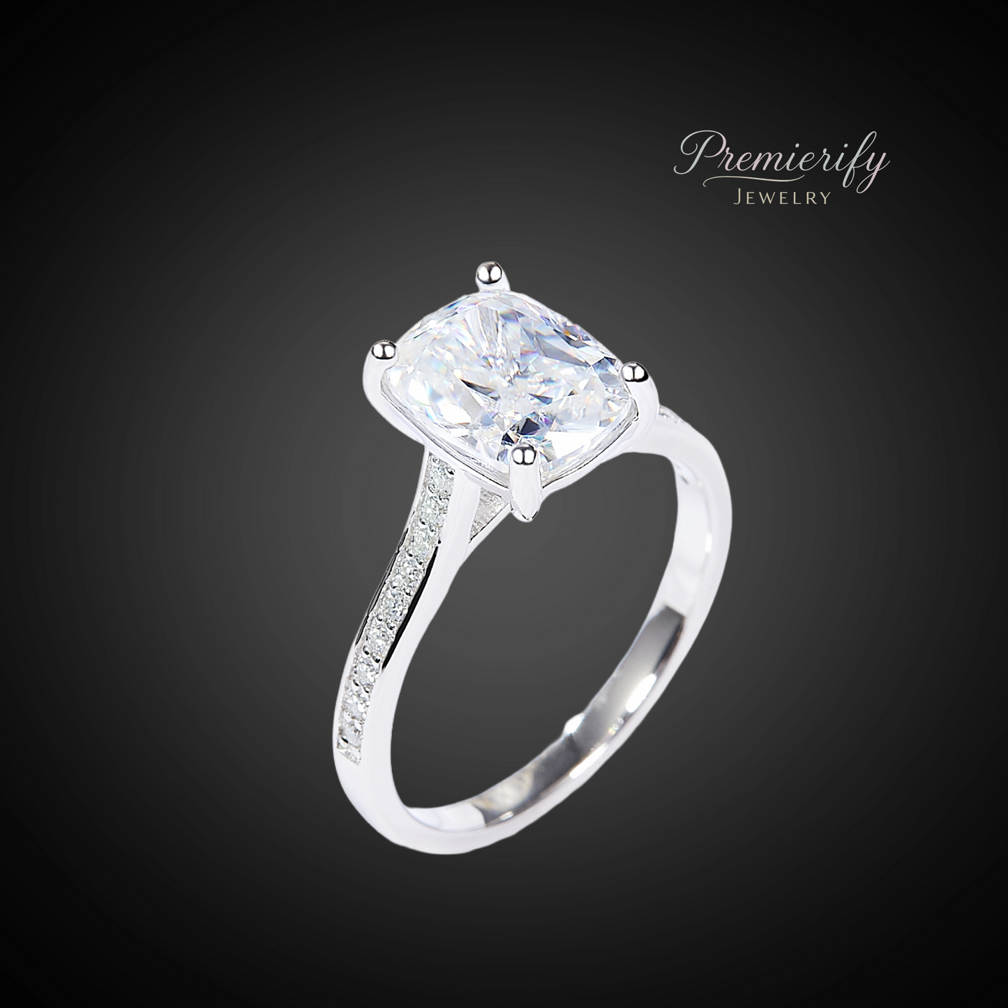 Silver ring with a large diamond on a dark background, branded 'Premierify Jewelry'.