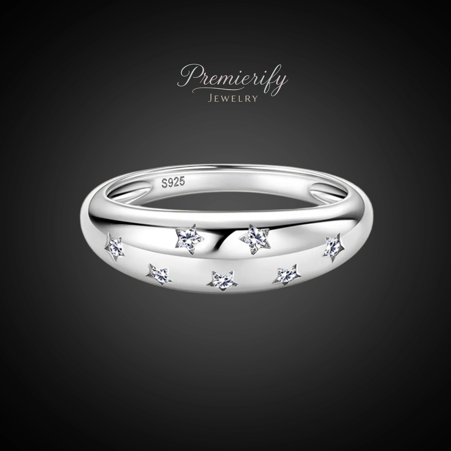 Silver ring with embedded diamonds on a dark background, branded 'Premierify Jewelry'.