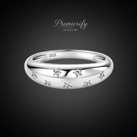 Silver ring with embedded diamonds on a dark background, branded 'Premierify Jewelry'.