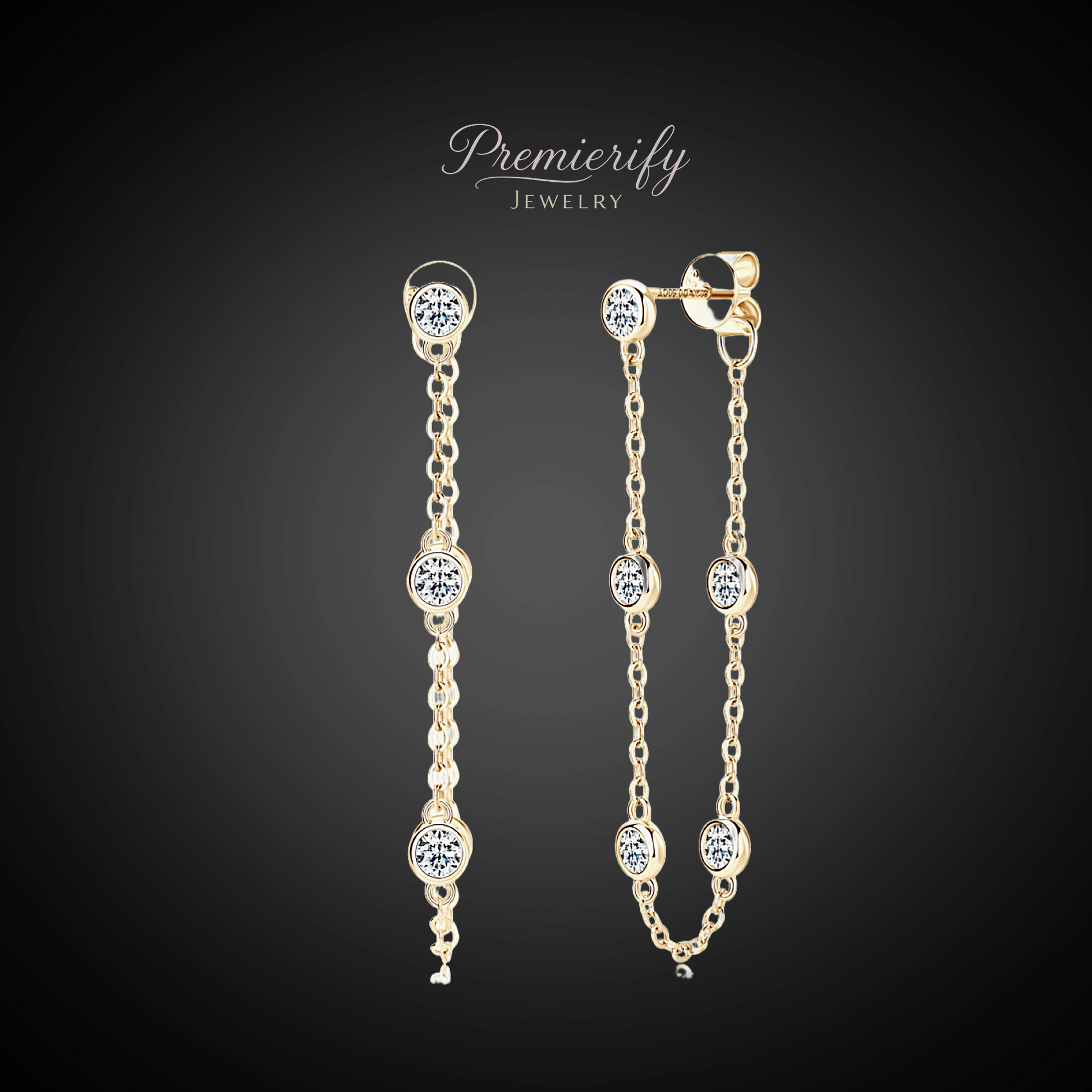 Gold chain earrings with gemstones on a black background, branded 'Premierify Jewelry'.