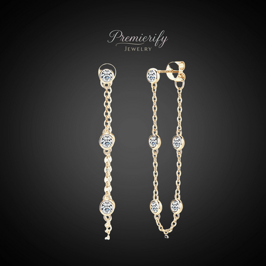 Gold chain earrings with gemstones on a black background, branded 'Premierify Jewelry'.