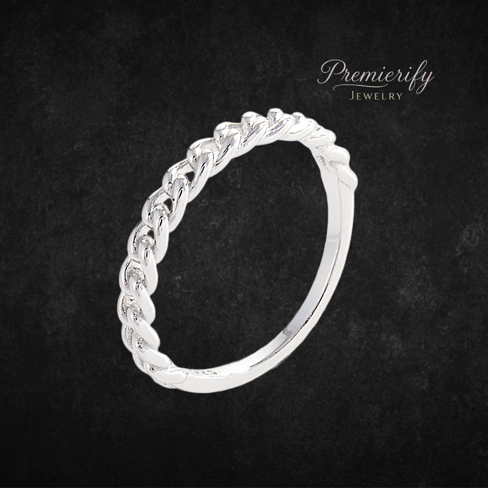 Silver ring with braided design on a dark background, branded 'Premierify Jewelry'.