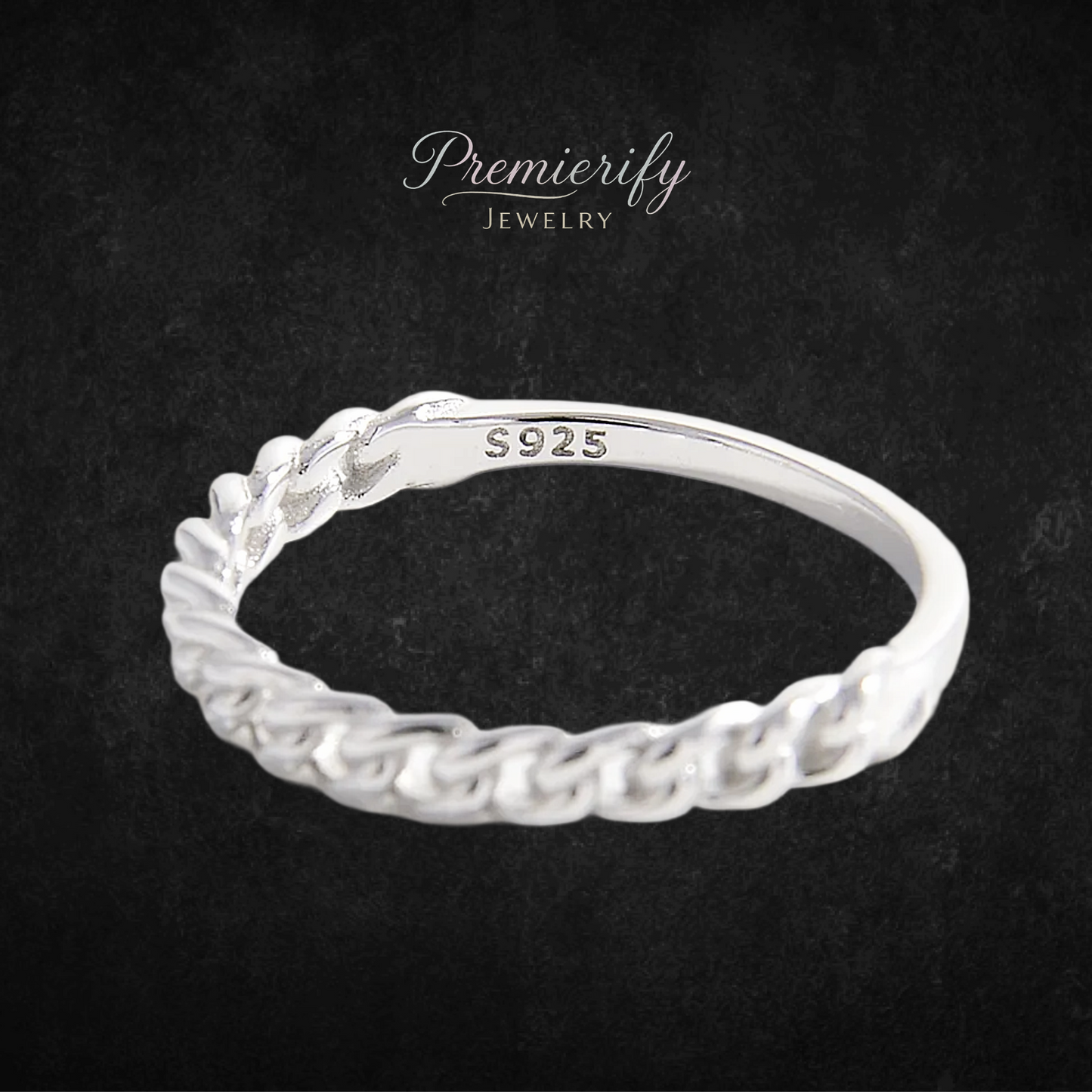 Silver ring with braided design on a dark background, featuring 'Premierify Jewelry' branding.