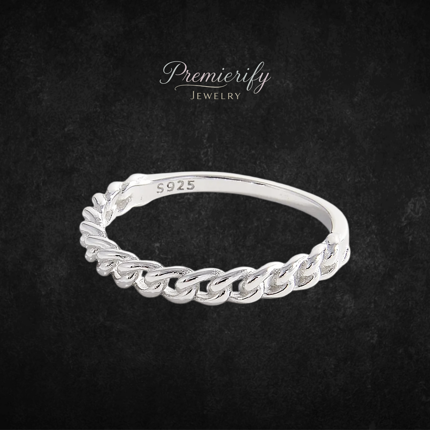 Silver ring with braided design on a dark background, featuring the brand 'Premierify Jewelry'.
