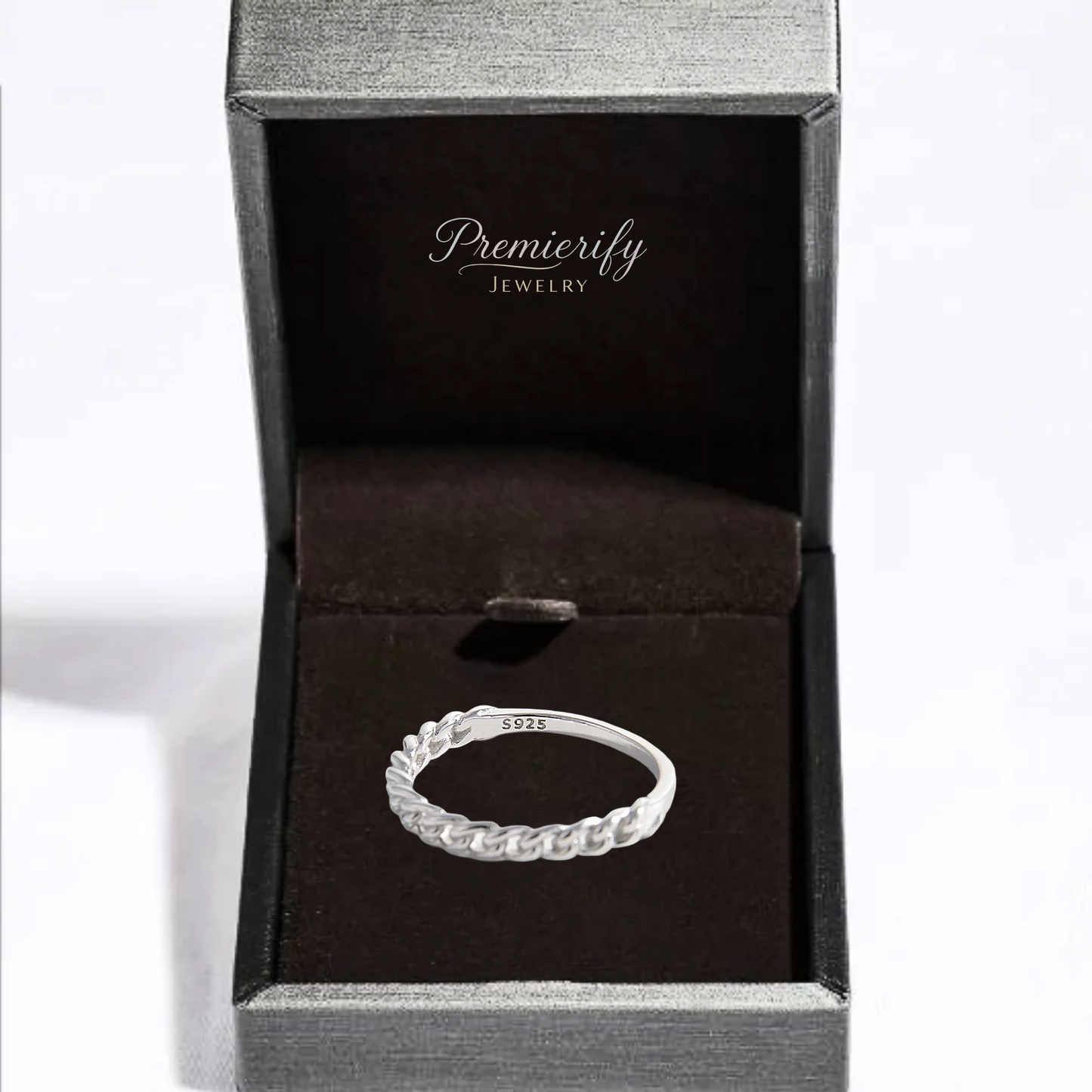 Silver ring in a Premierify Jewelry box on a white background