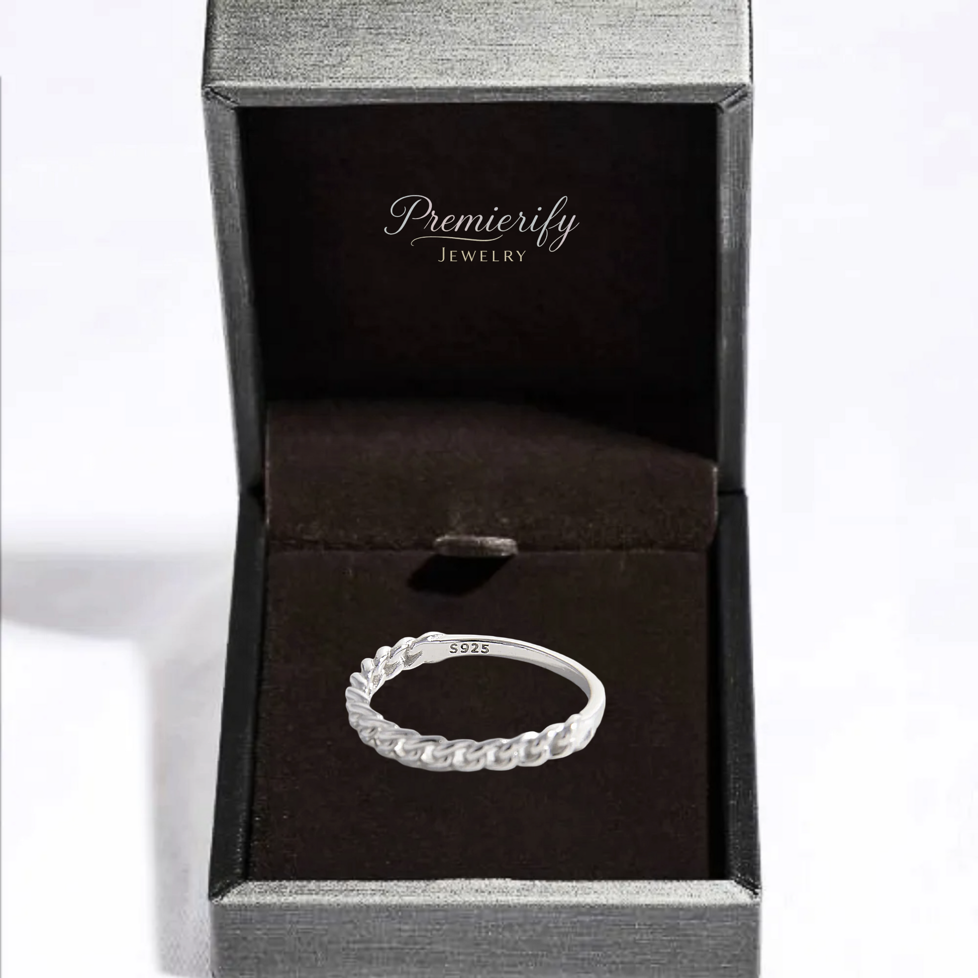 Silver ring in a Premierify Jewelry box on a white background