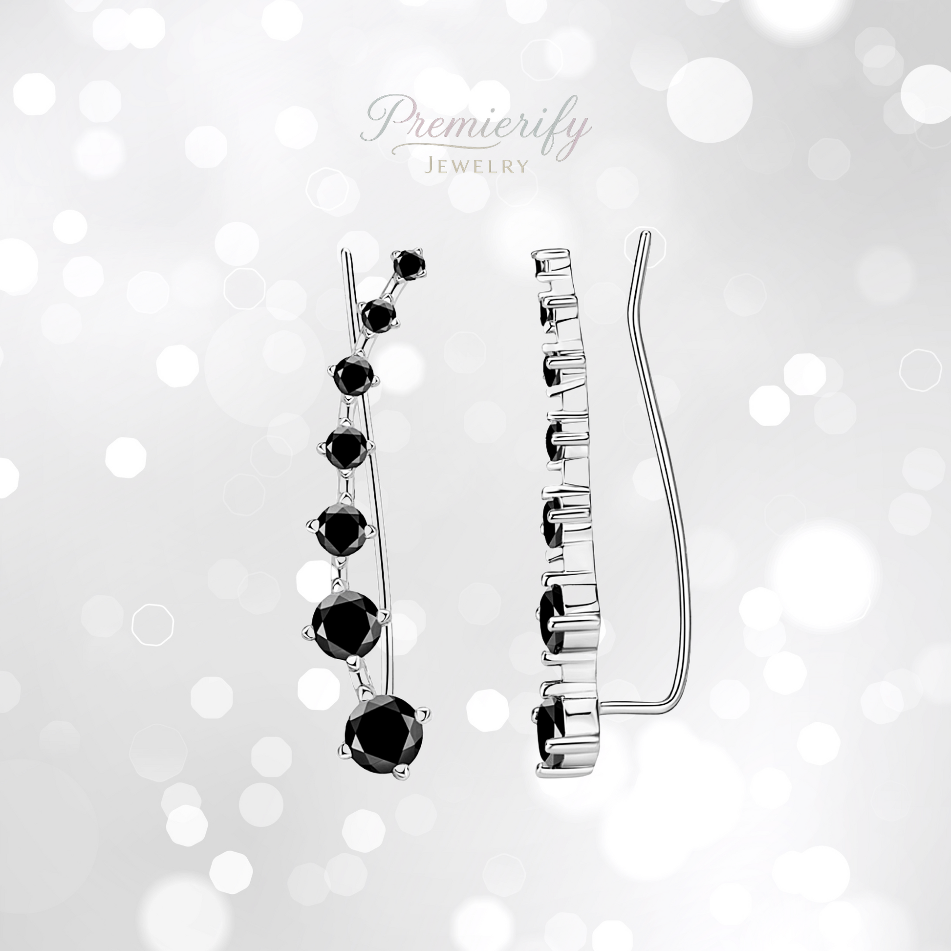 Pair of earrings with black gemstones on a white background with bokeh effect, branded as 'Premierify Jewelry'.