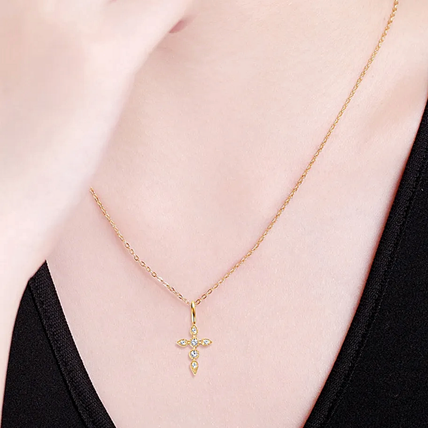 Moissanite Cross Necklace – Dainty Pendant • 925 Sterling Silver • Platinum or 18k Plated
