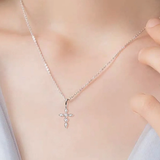 Moissanite Cross Necklace – Dainty Pendant • 925 Sterling Silver • Platinum or 18k Plated
