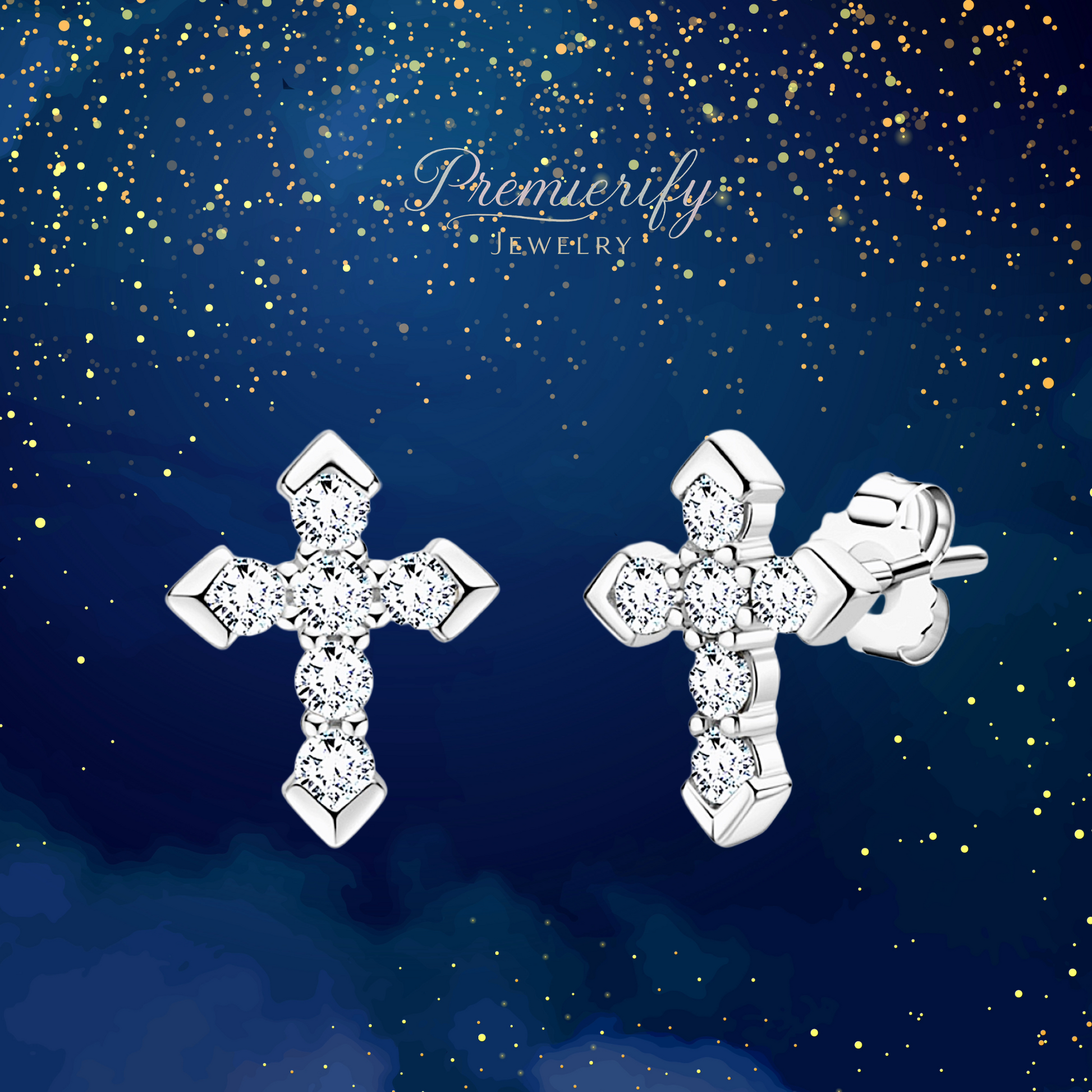 Silver cross earrings with clear stones on a blue background with gold glitter, featuring the brand 'Premierify Jewelry'.