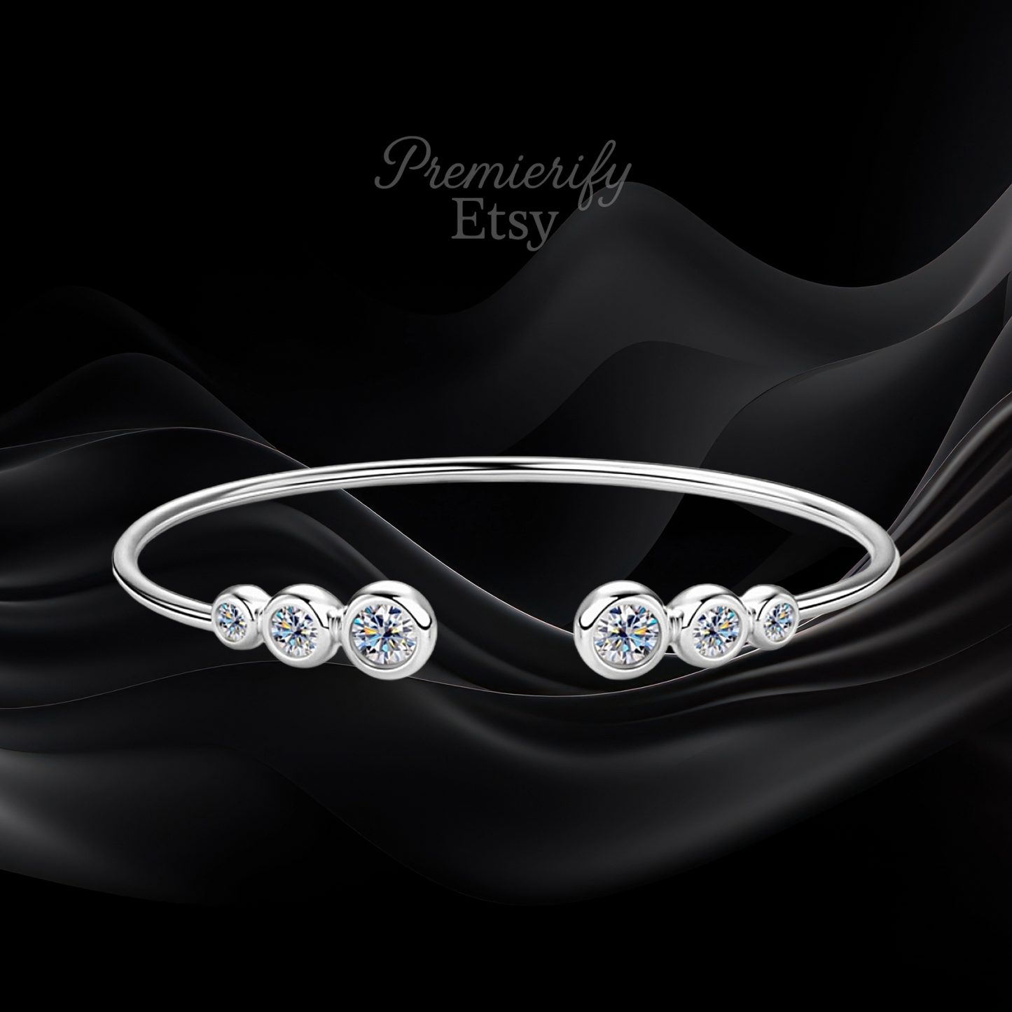 Silver bracelet with gemstones on a black satin background, featuring the 'Premierify Etsy' brand.
