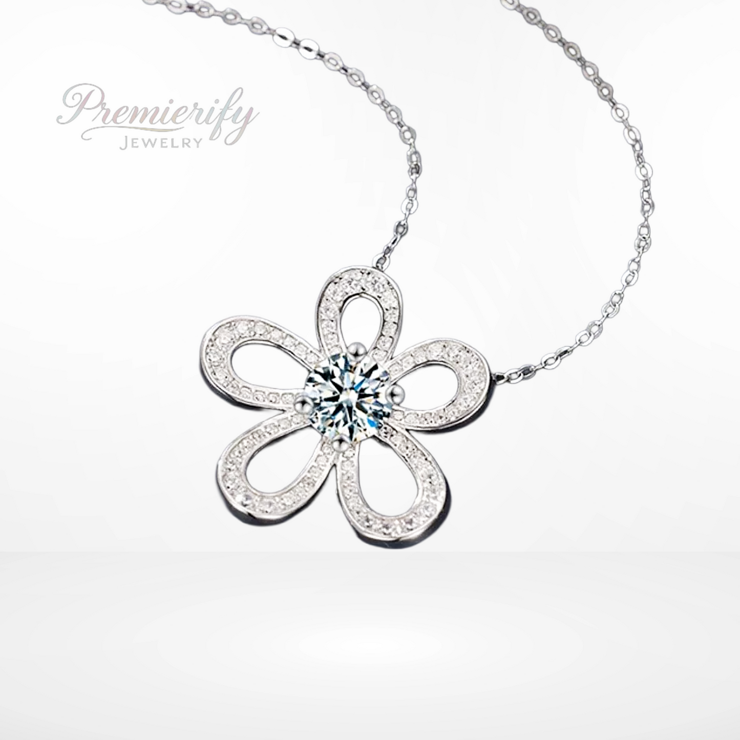 Floral diamond pendant on a white background with 'Premierify Jewelry' branding.