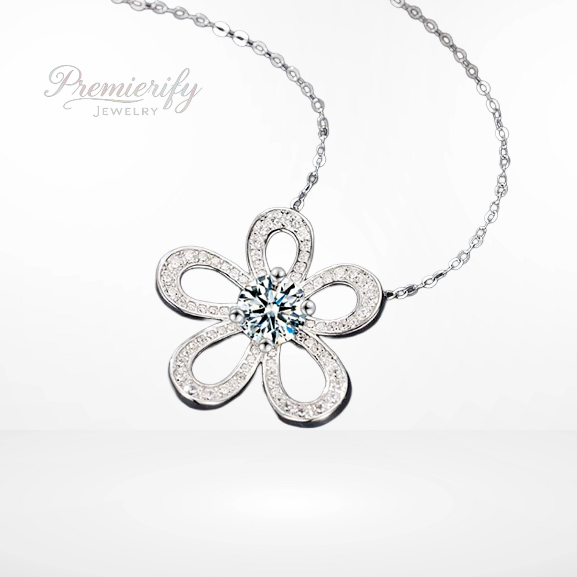 Floral diamond pendant on a white background with 'Premierify Jewelry' branding.