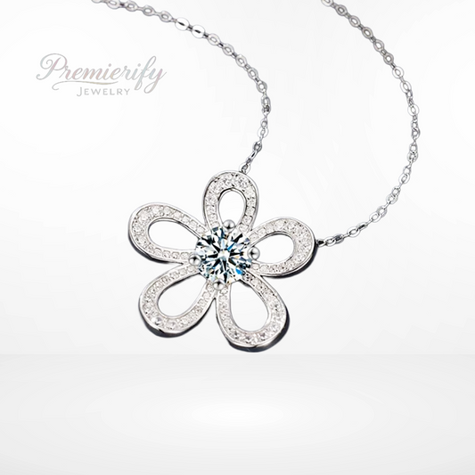 Floral diamond pendant on a white background with 'Premierify Jewelry' branding.