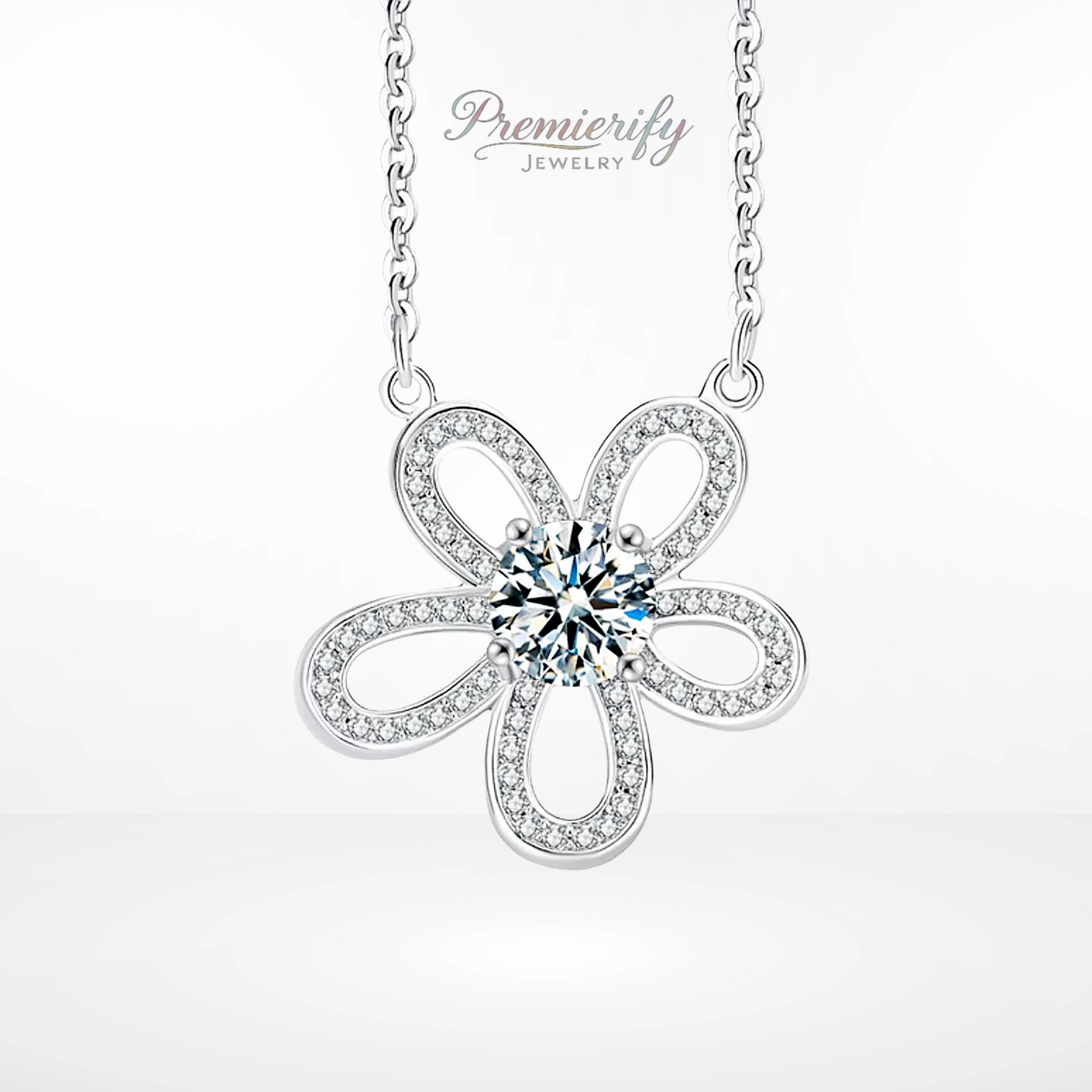 Silver flower-shaped necklace with a central gemstone on a white background, branded 'Premierify Jewelry'.