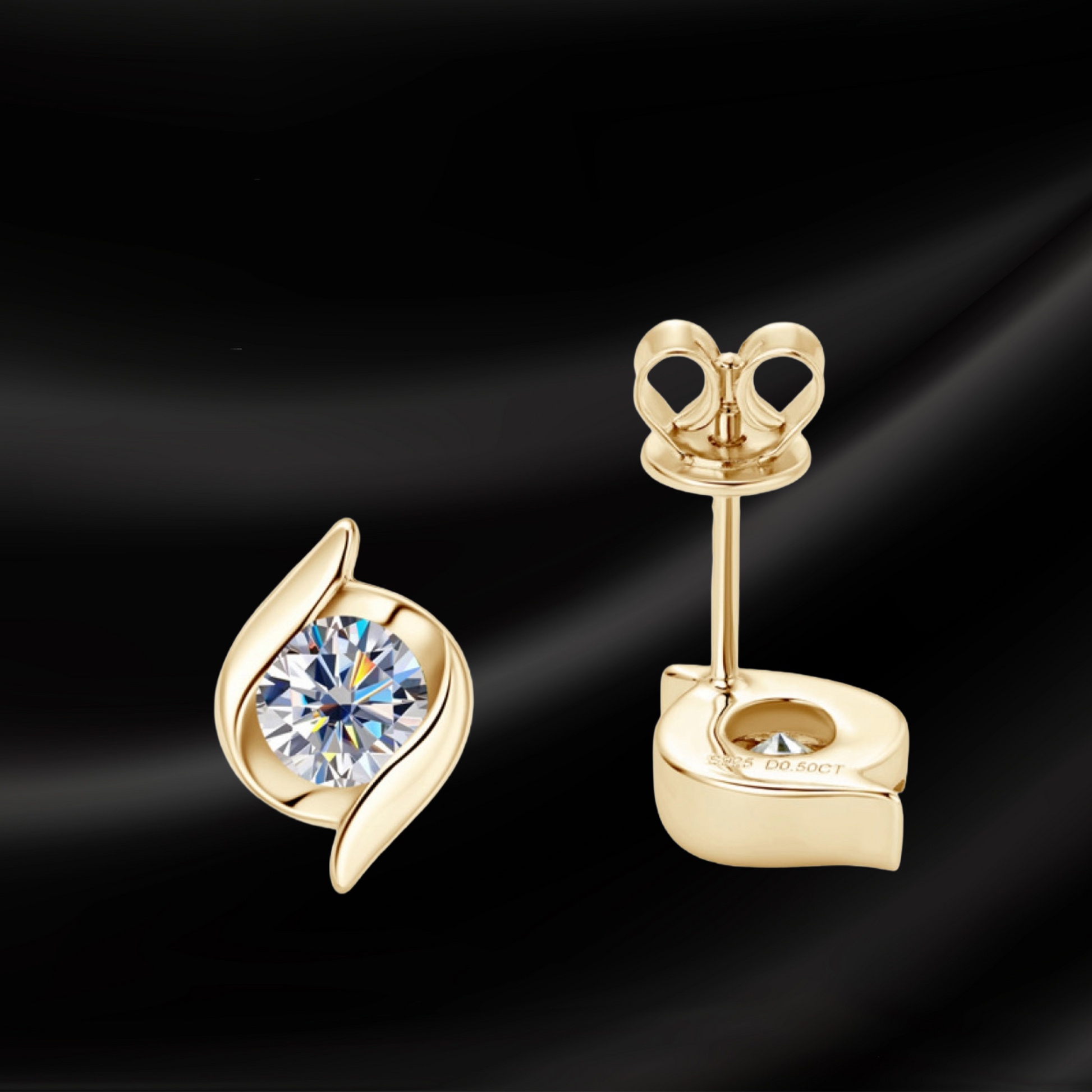 Gold earrings with a central gemstone on a black background