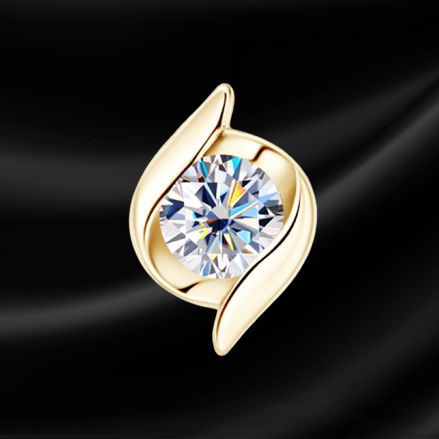 Gold earring with a clear gemstone on a black background