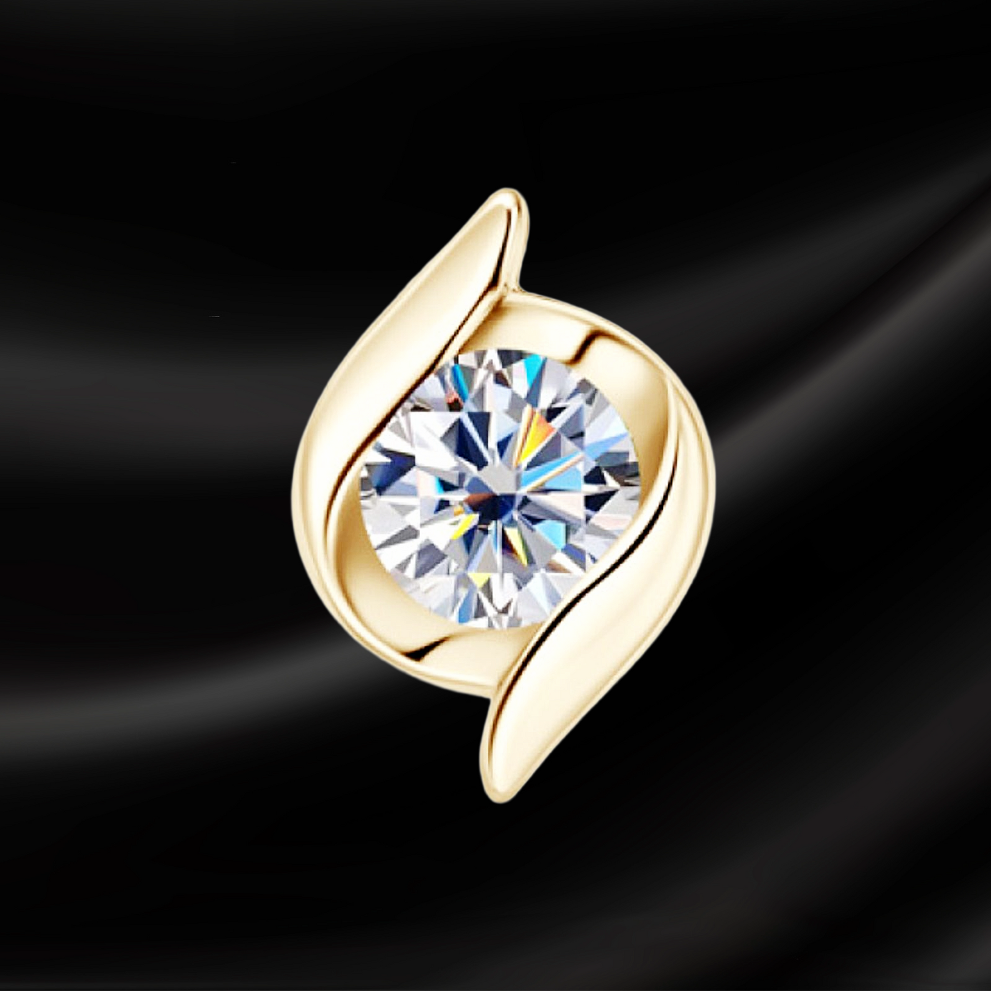 Gold earring with a clear gemstone on a black background