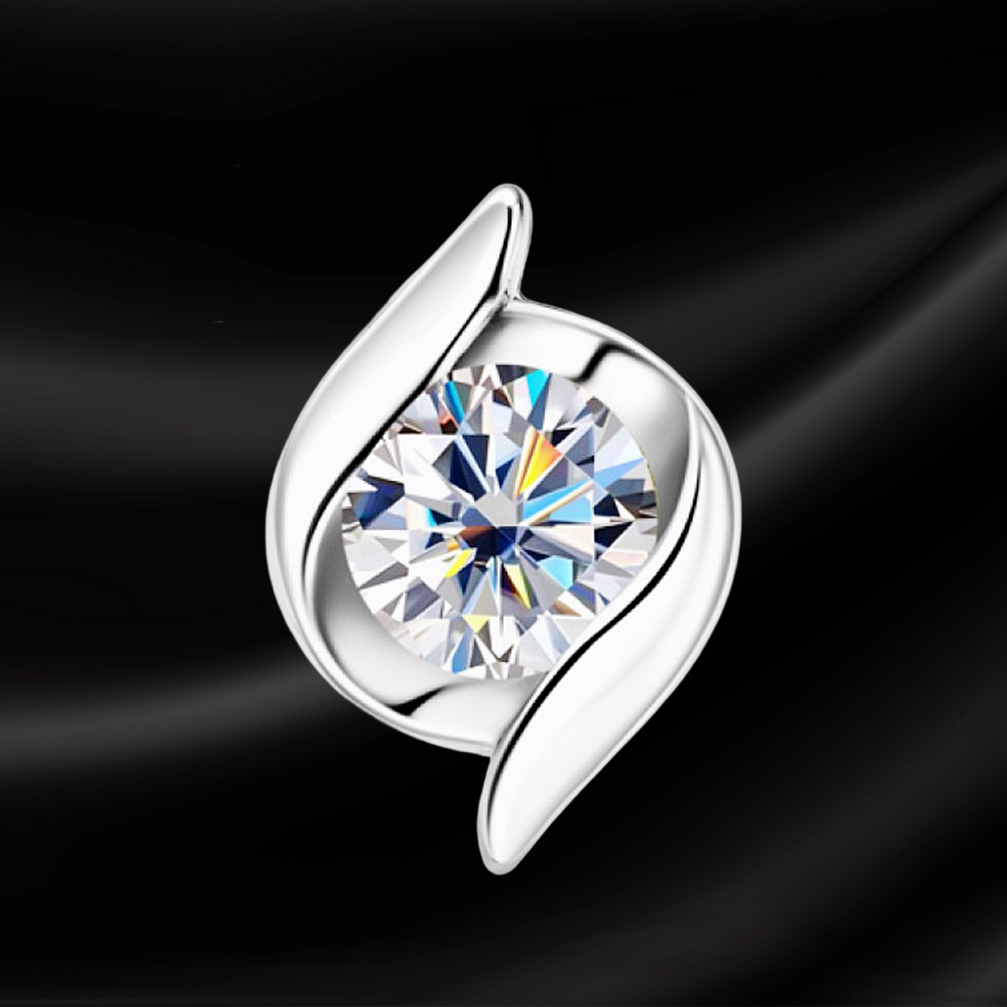 Silver earring with a large gemstone on a black background