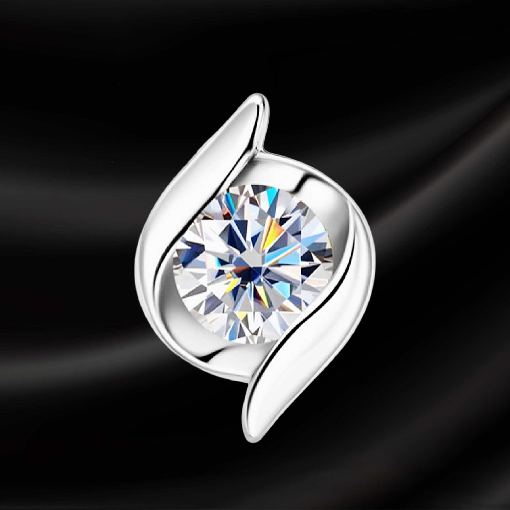 Silver earring with a large gemstone on a black background