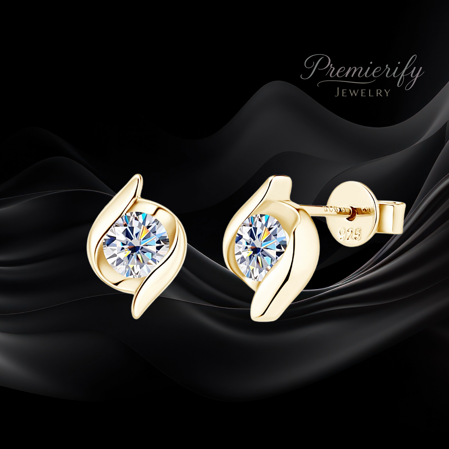 Gold earrings with clear gemstones on a black fabric background, branded 'Premierify Jewelry'.