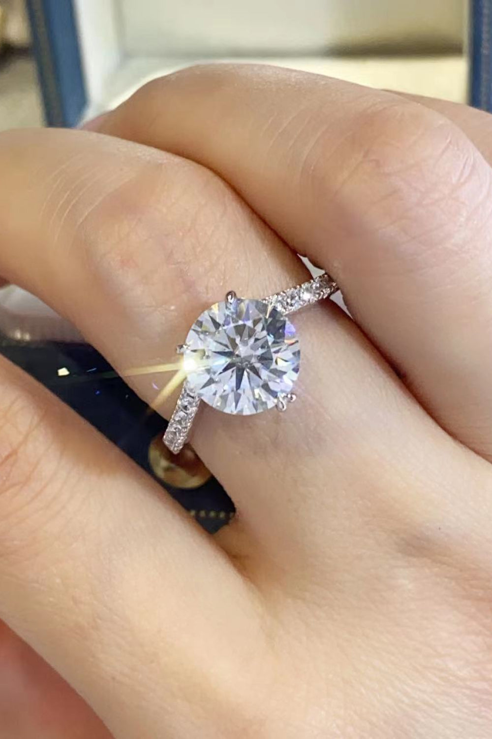 Pure Fire™ 3ct moissanite ring in platinum-plated 925 sterling with zircon accents; on hand.