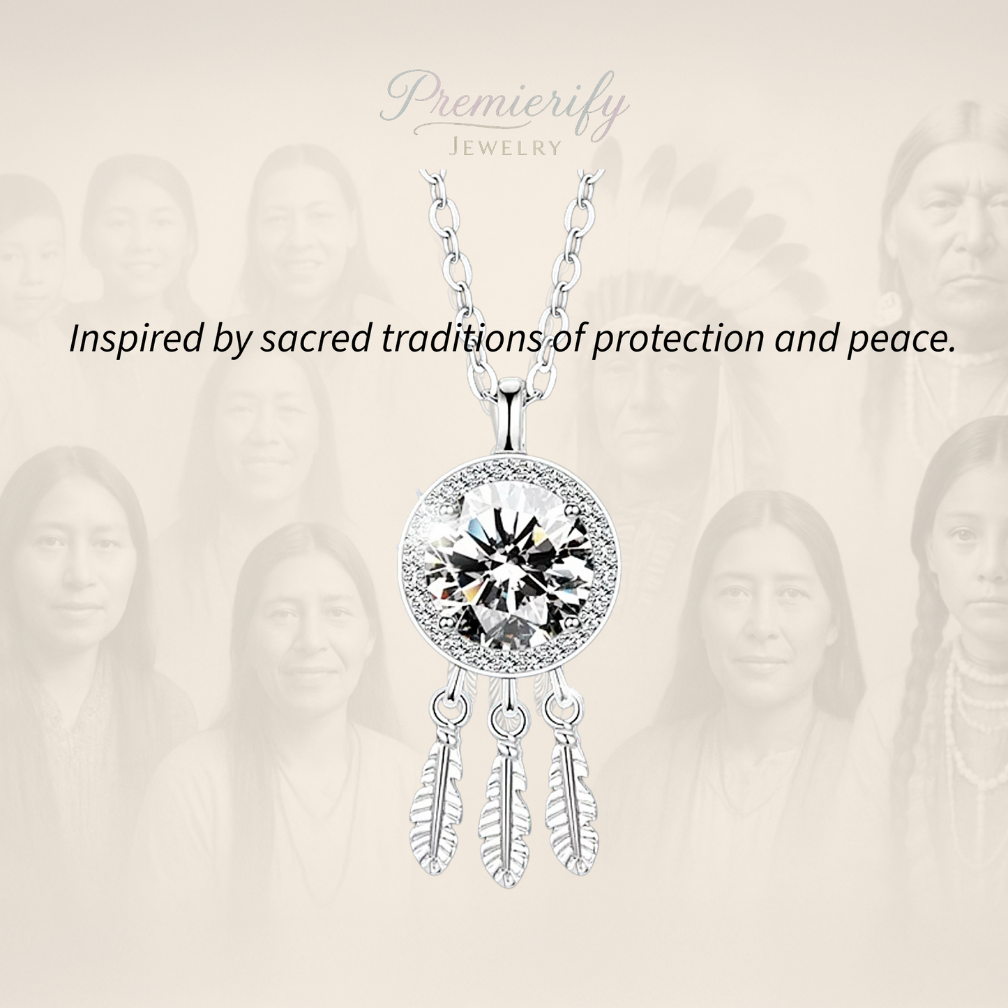 Silver necklace with a large gemstone and feather designs on a beige background with blurred faces.