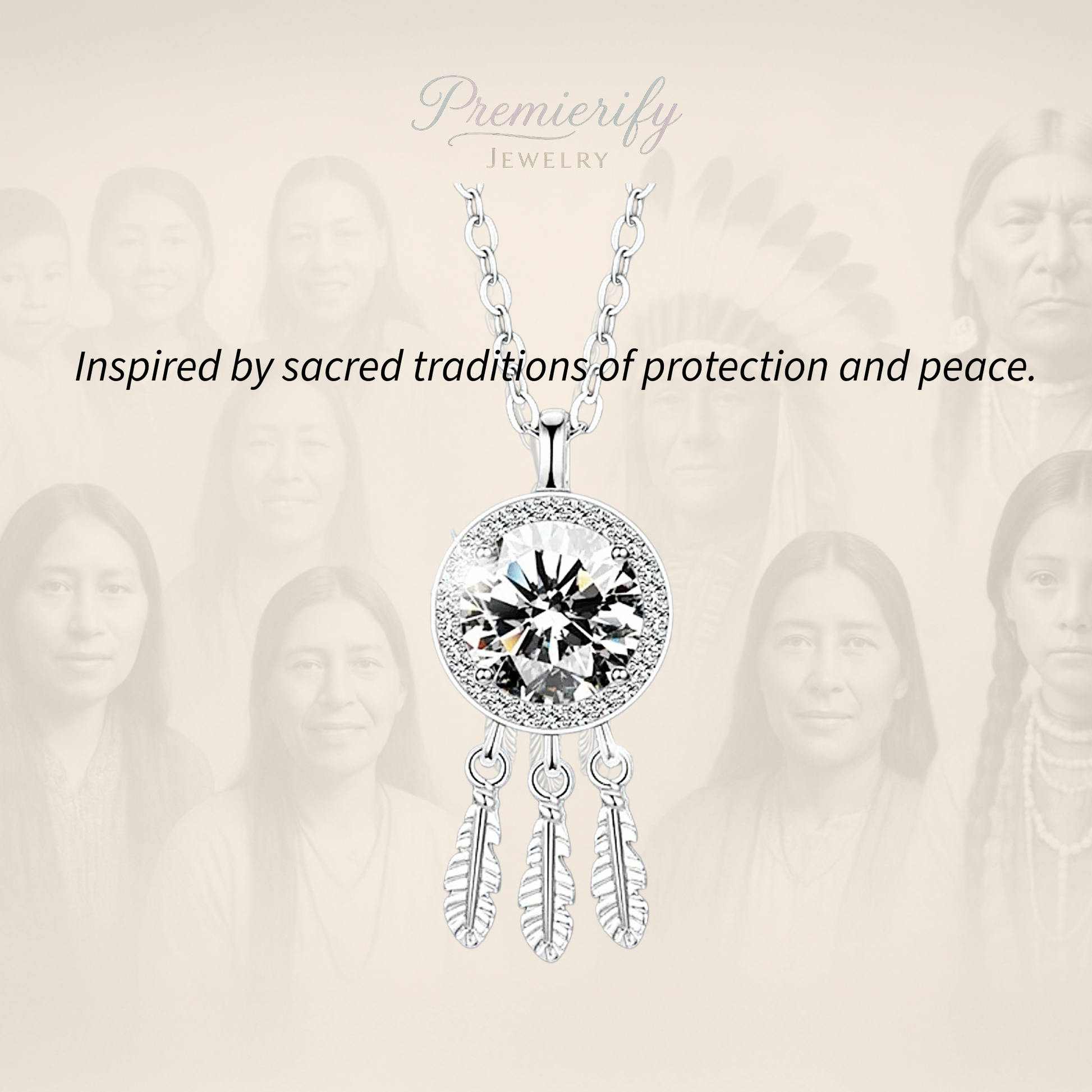 Silver necklace with a large gemstone and feather designs on a beige background with blurred faces.