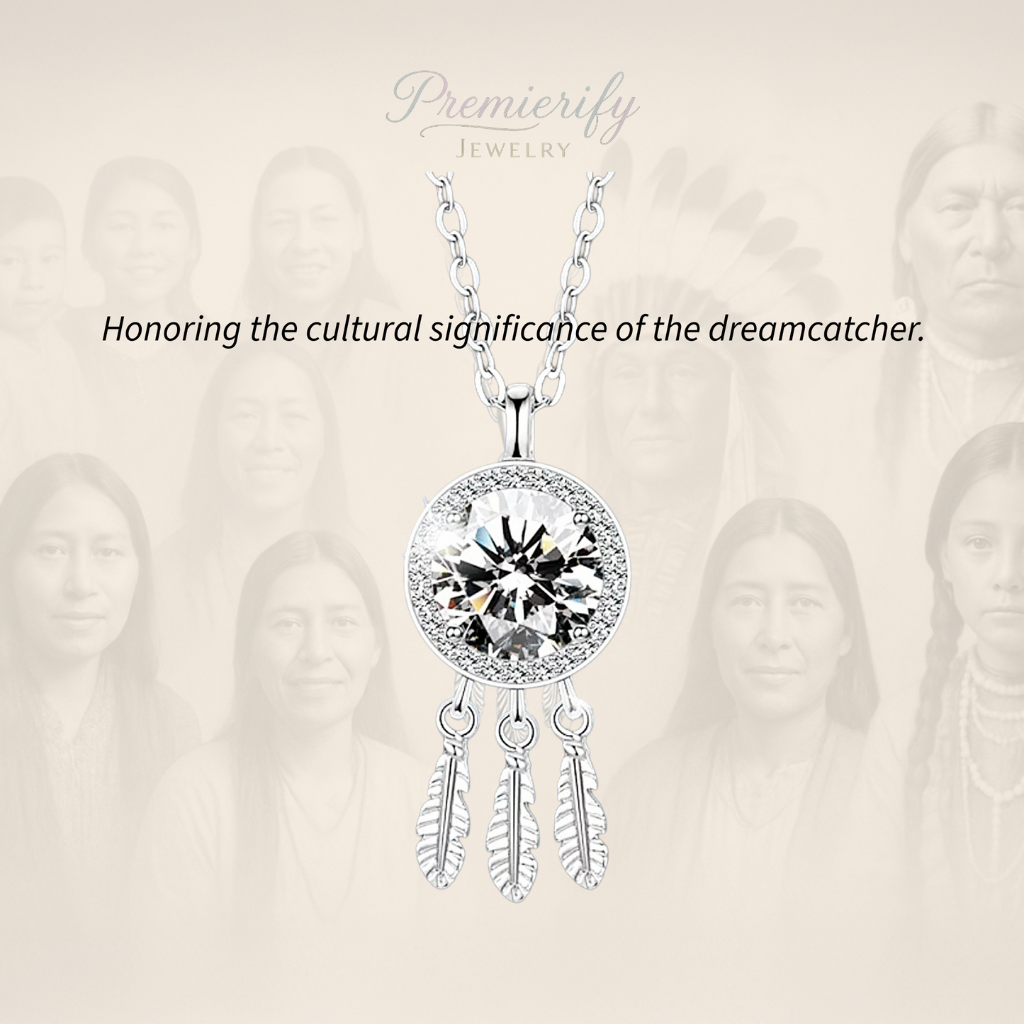 Silver necklace with a large gemstone and feather designs on a beige background with blurred faces.