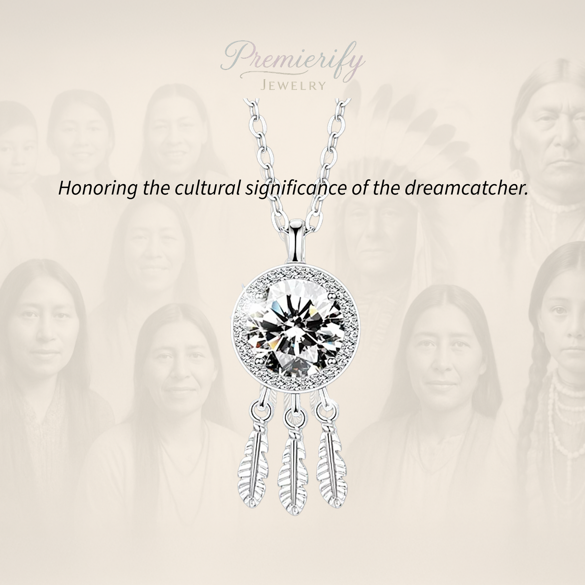 Silver necklace with a large gemstone and feather designs on a beige background with blurred faces.