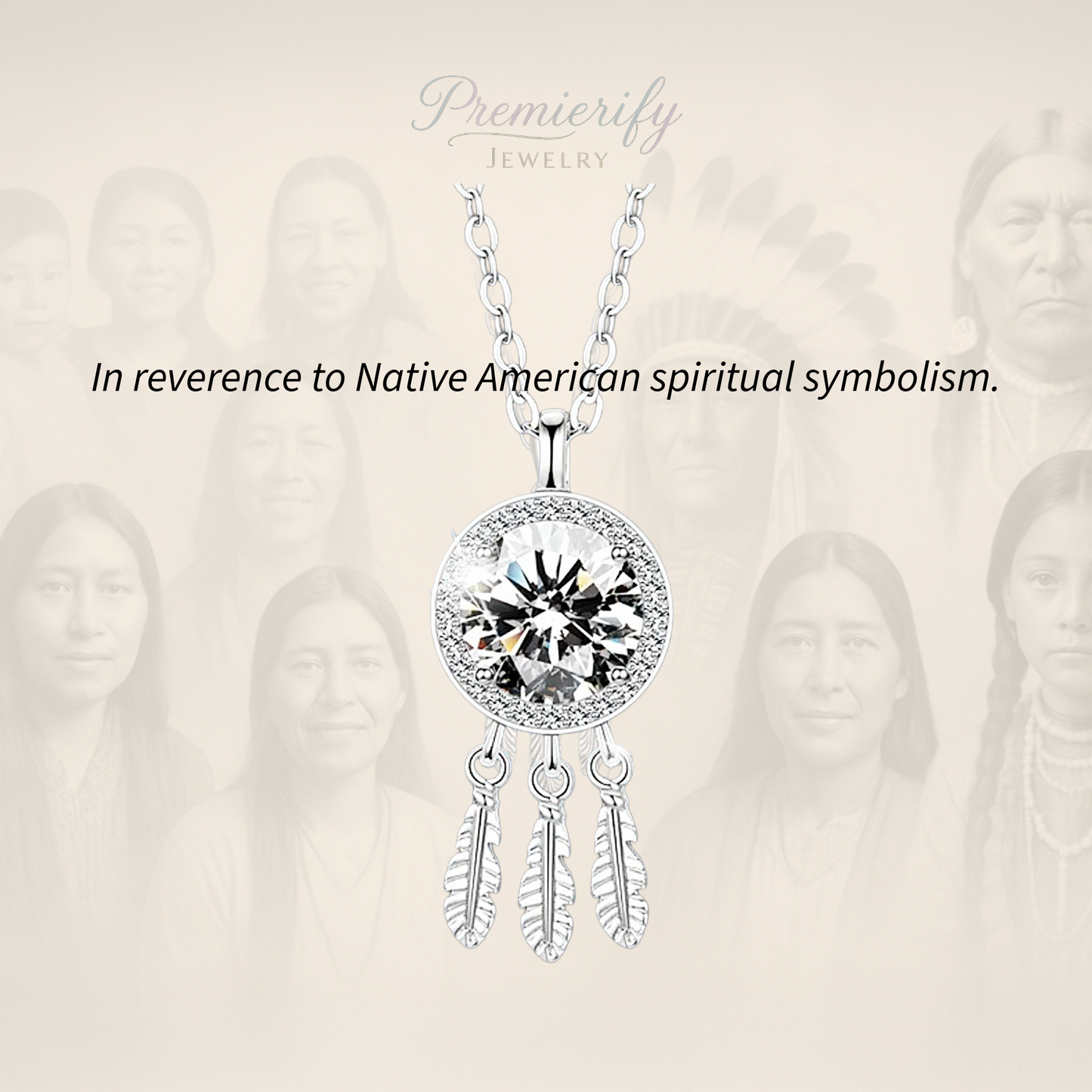 Silver necklace with a large crystal pendant and feather designs on a light background with blurred faces.