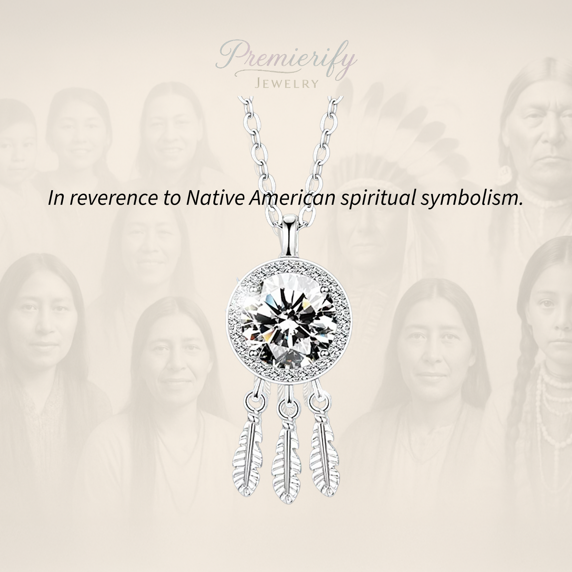 Silver necklace with a large crystal pendant and feather designs on a light background with blurred faces.