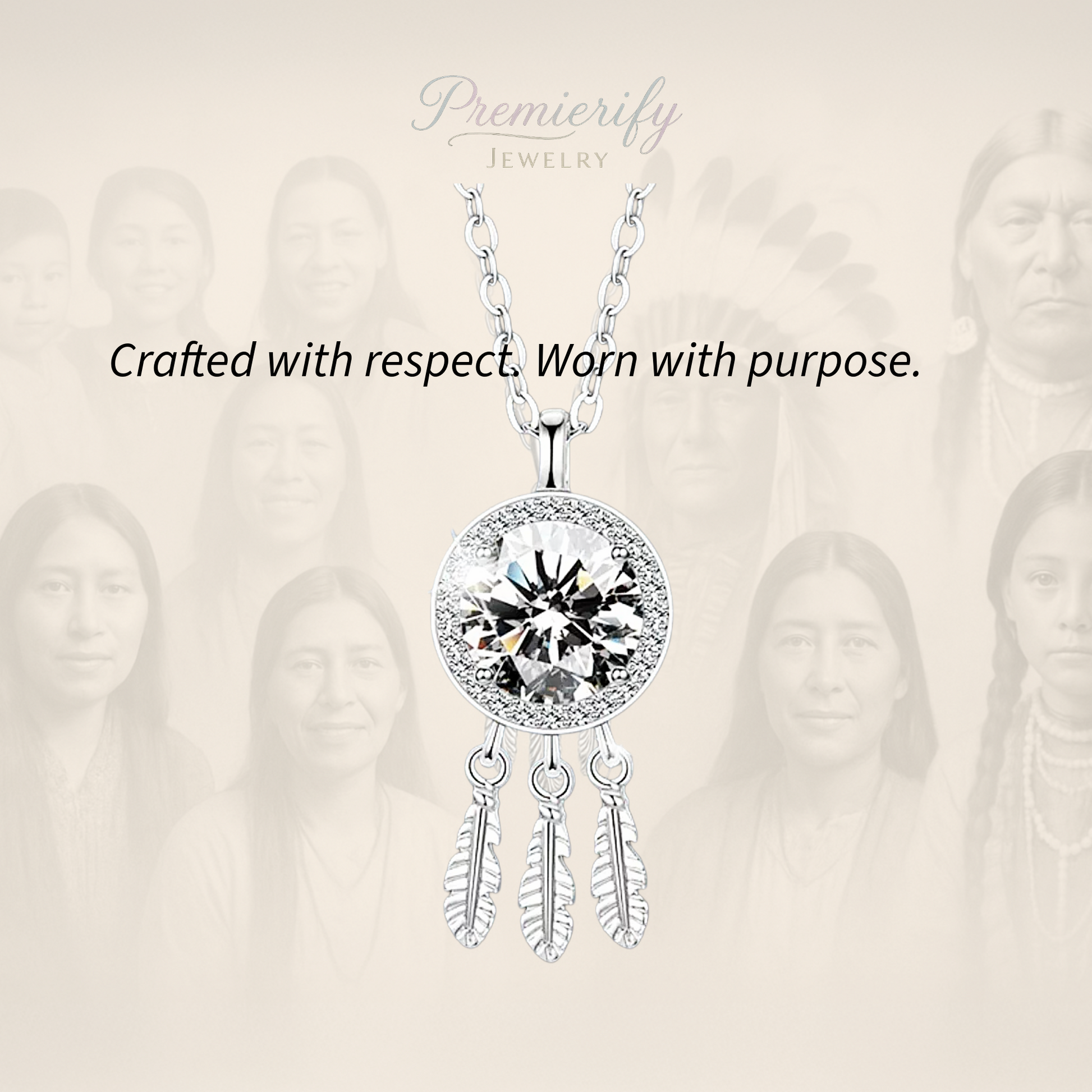 Silver necklace with a large gemstone and feather designs on a beige background with blurred faces.