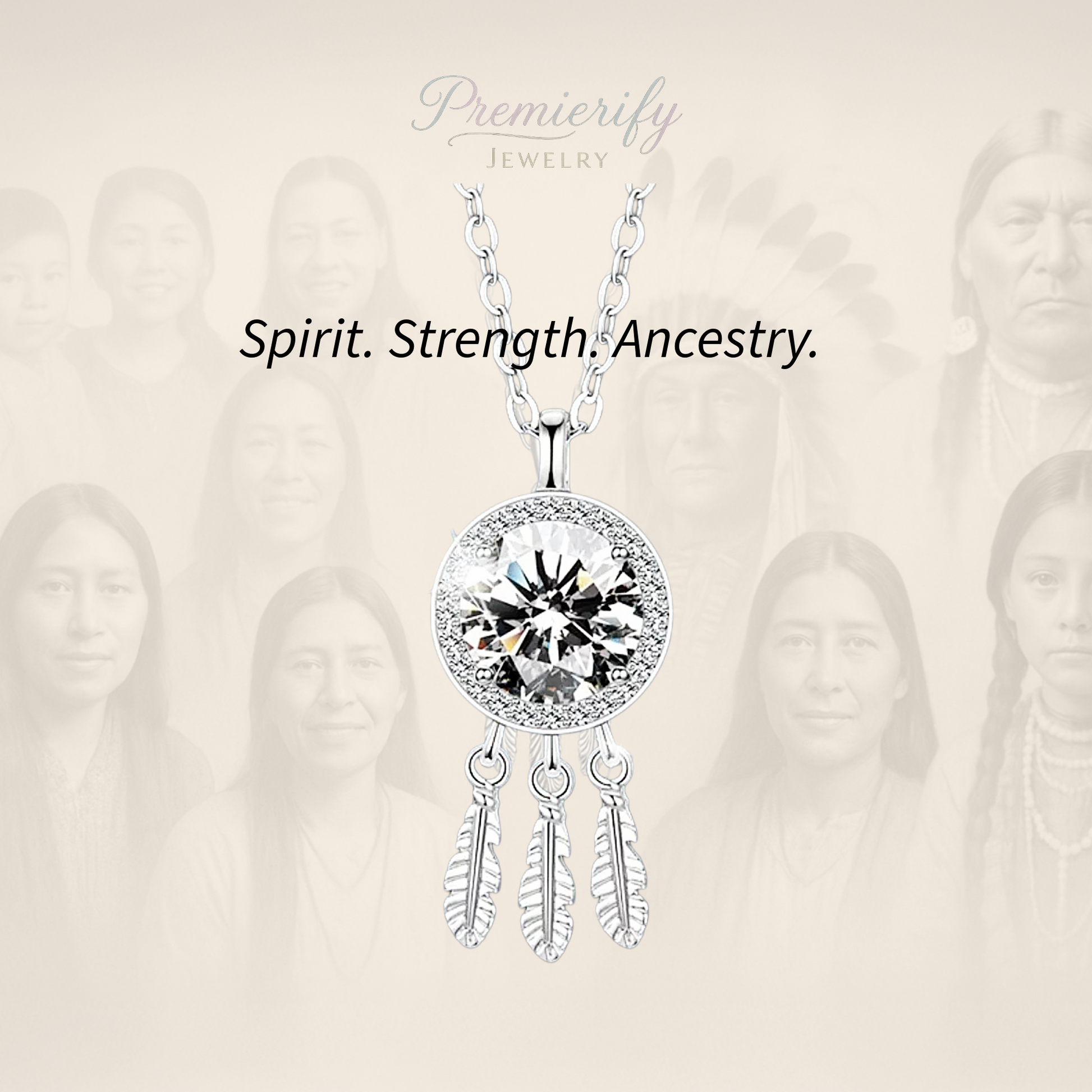 Silver necklace with a large gemstone and feather designs on a beige background with blurred faces.