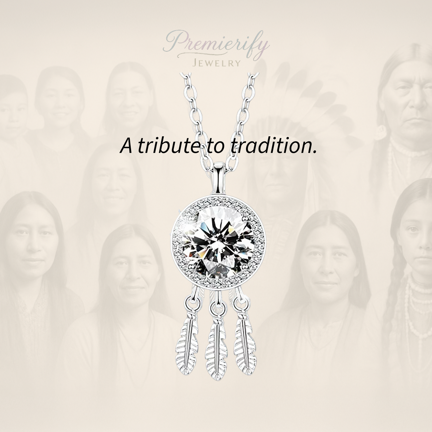 Silver necklace with a large gemstone and feather designs on a beige background with 'Premierify Jewellery' branding.