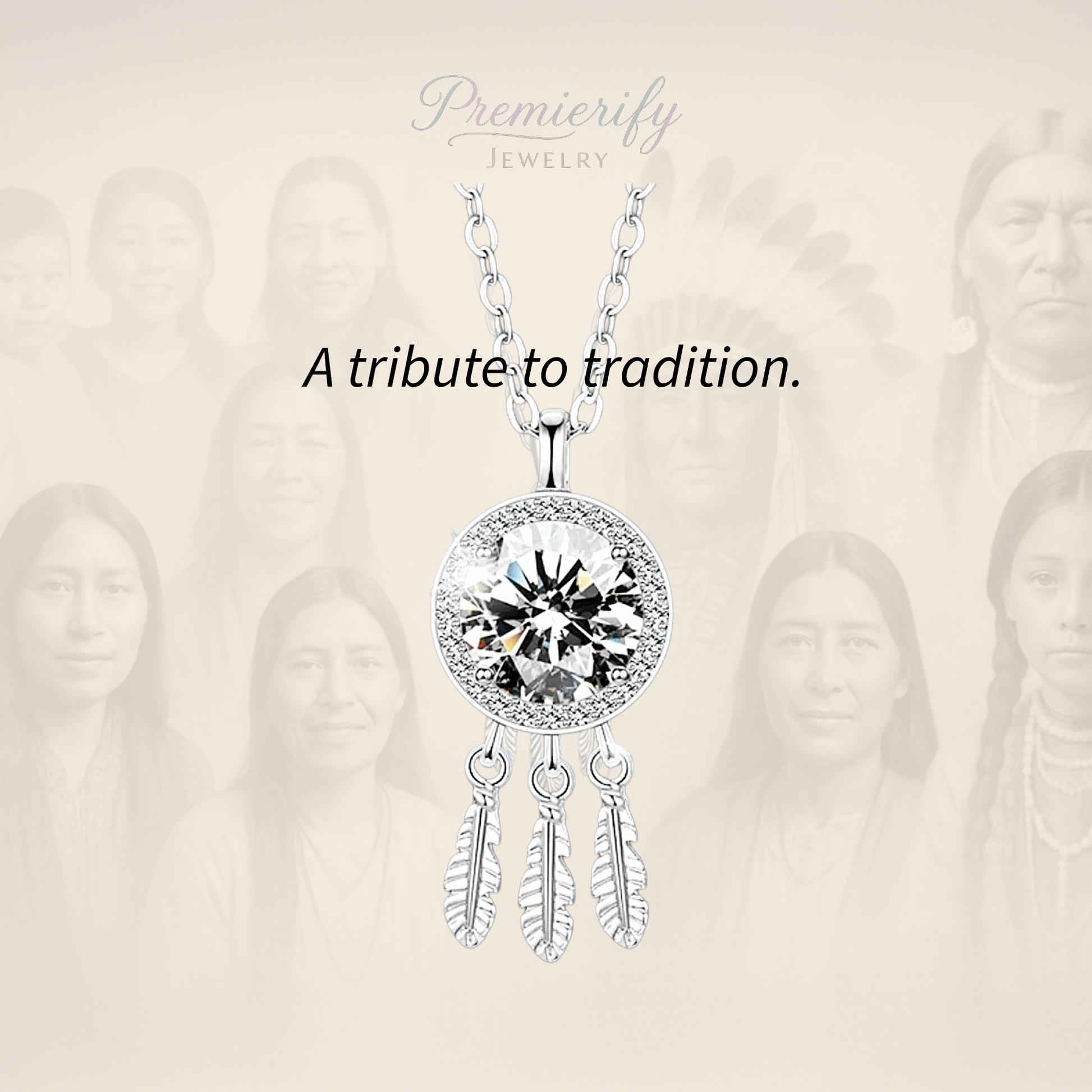 Silver necklace with a large gemstone and feather designs on a beige background with 'Premierify Jewellery' branding.