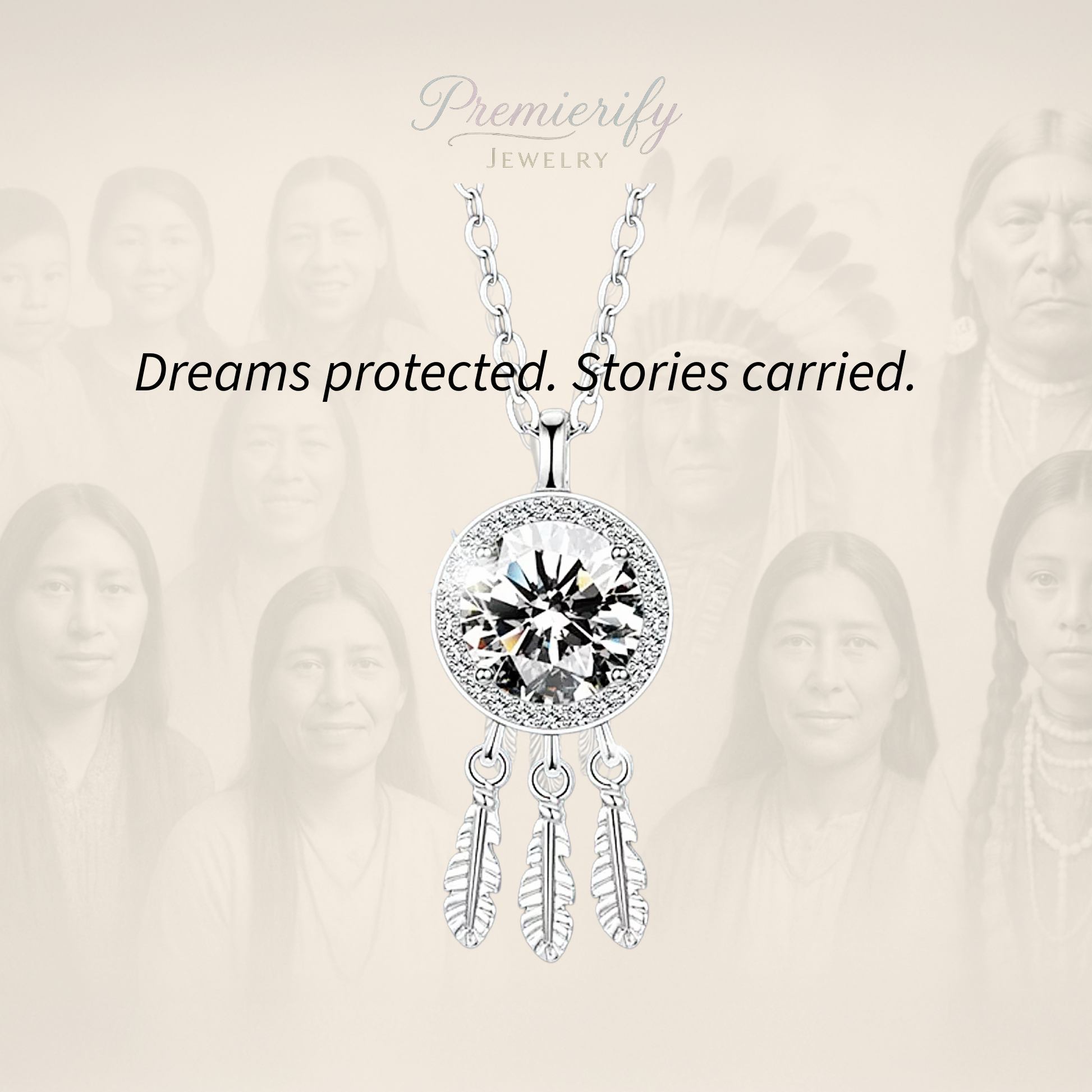 Silver necklace with a large gemstone and feather designs on a beige background with blurred faces.
