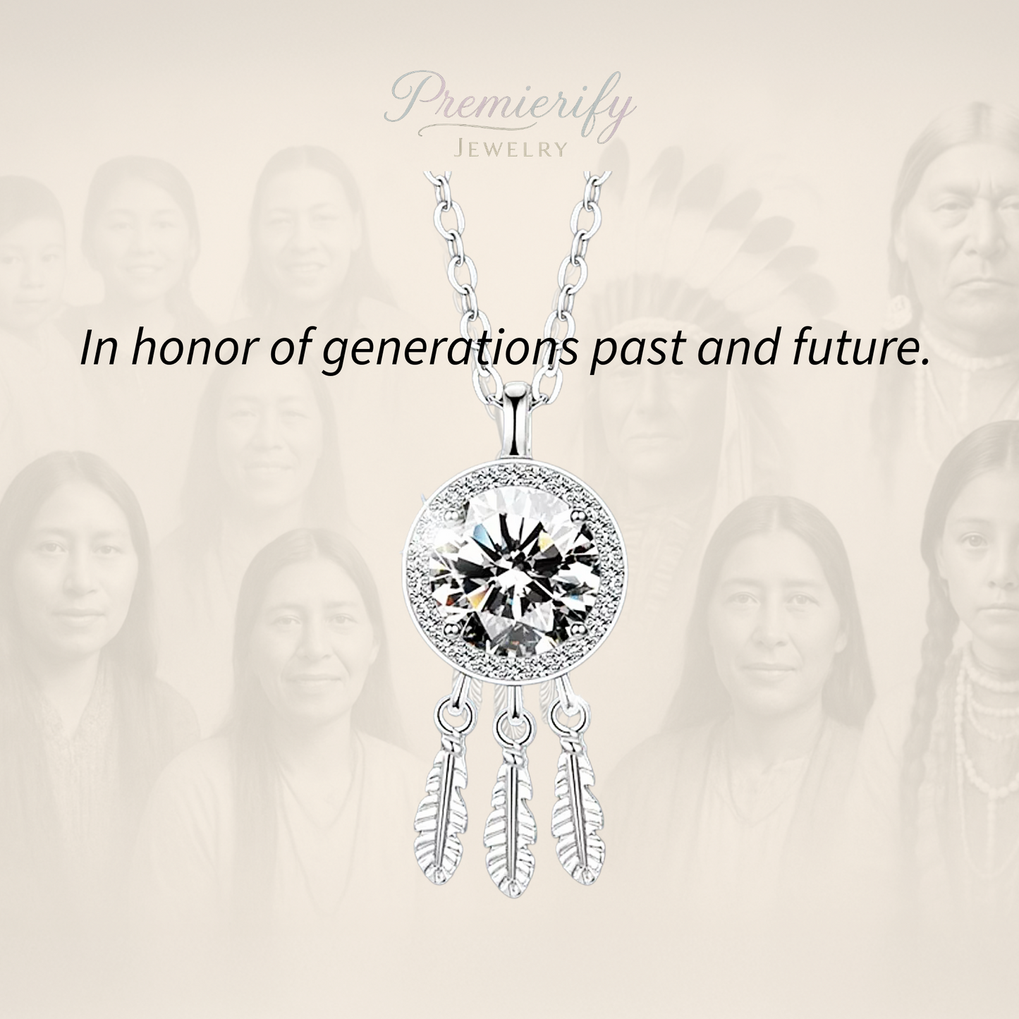 Silver necklace with a large gemstone and feather designs on a beige background with blurred faces.