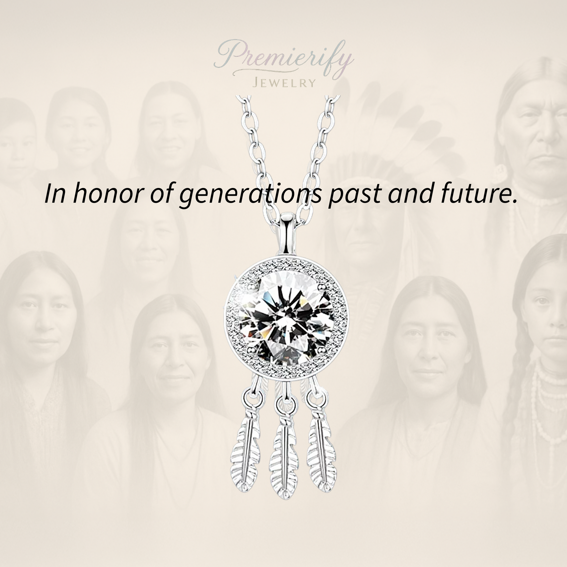 Silver necklace with a large gemstone and feather designs on a beige background with blurred faces.