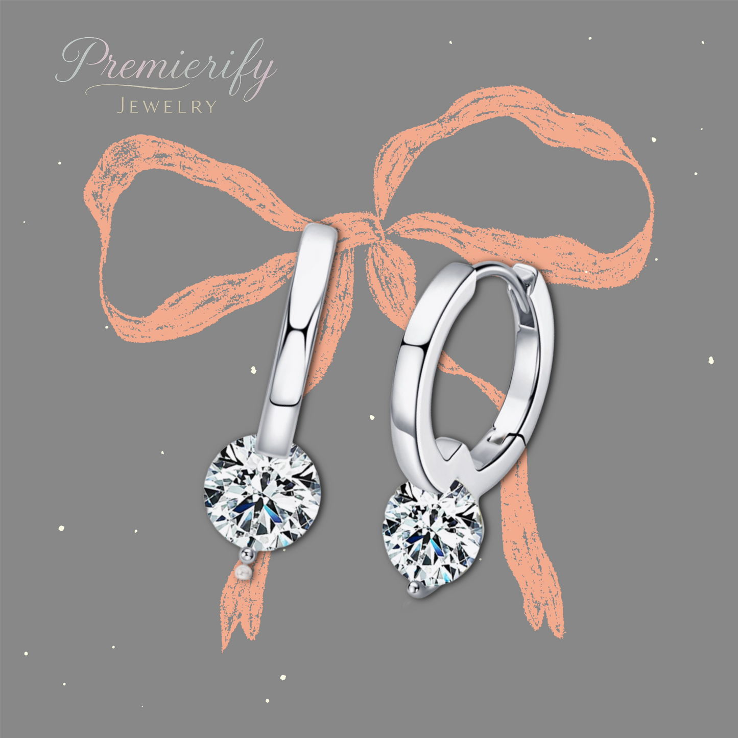 Silver hoop earrings with round gemstones on a gray background with a bow illustration.