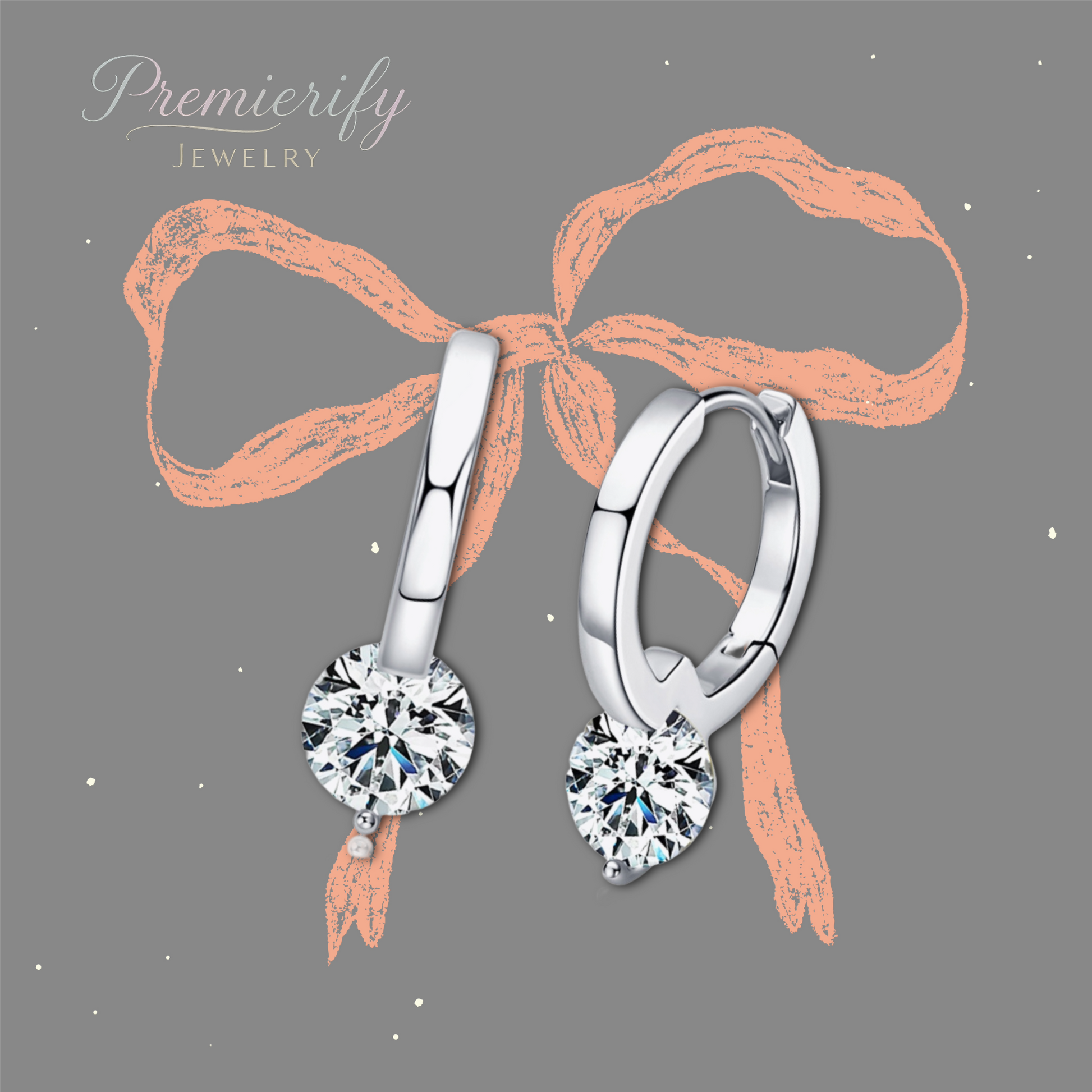 Silver hoop earrings with round gemstones on a gray background with a bow illustration.