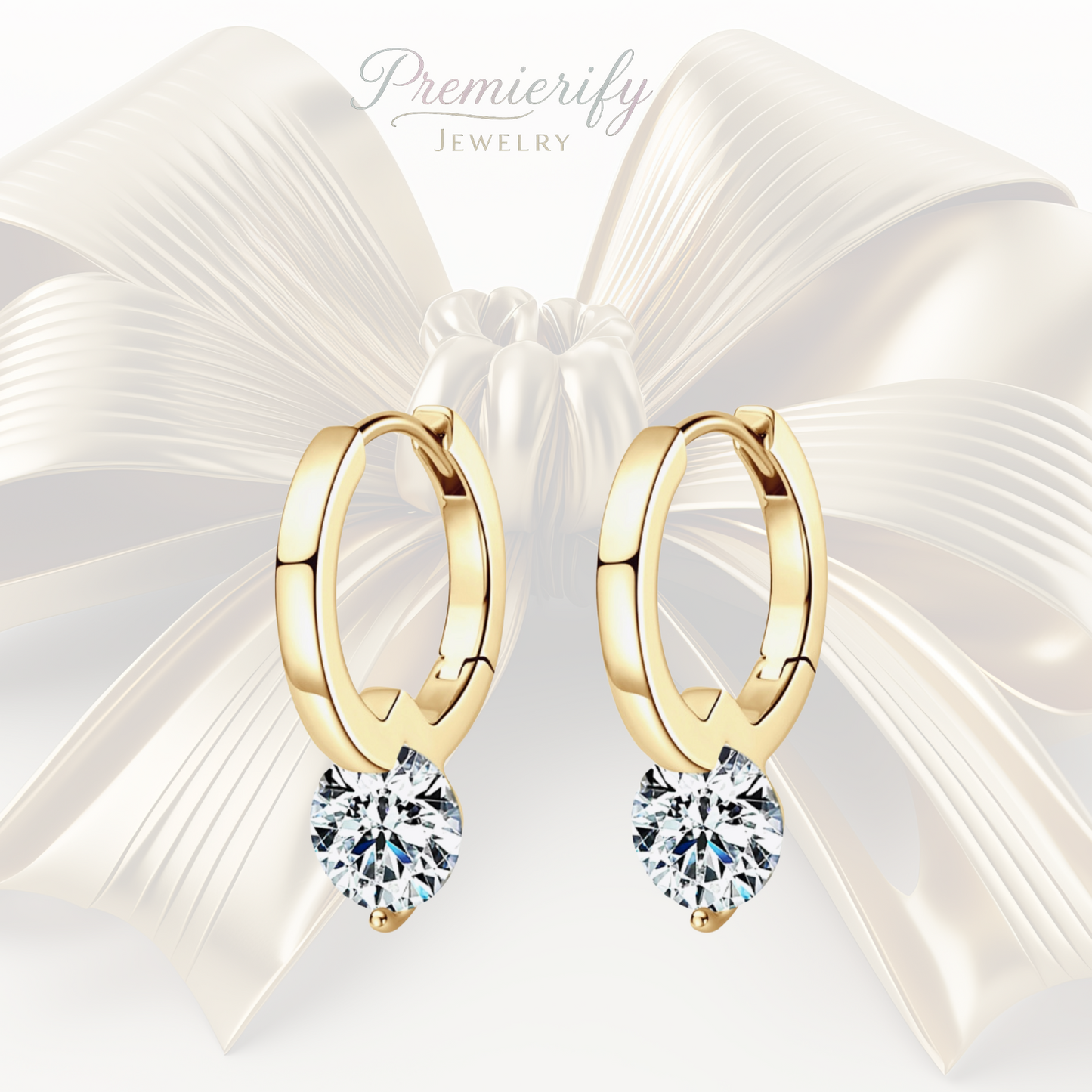 Gold hoop earrings with clear gemstones on a white background, featuring the brand 'Premierify Jewelry'.