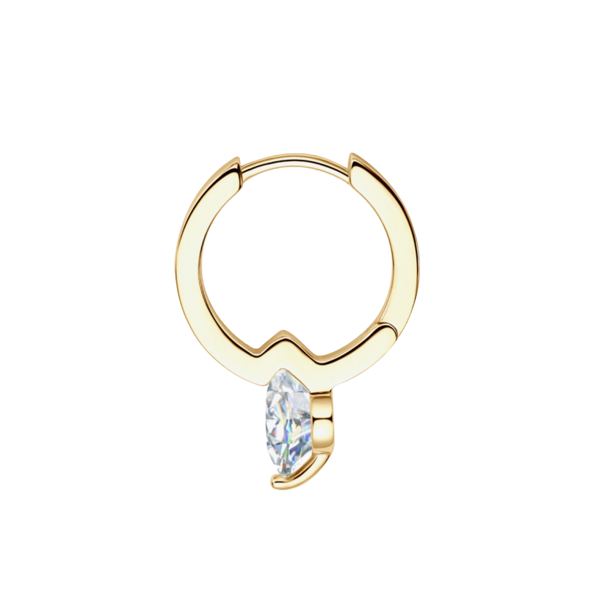 Gold hoop earring with a teardrop-shaped gemstone on a white background