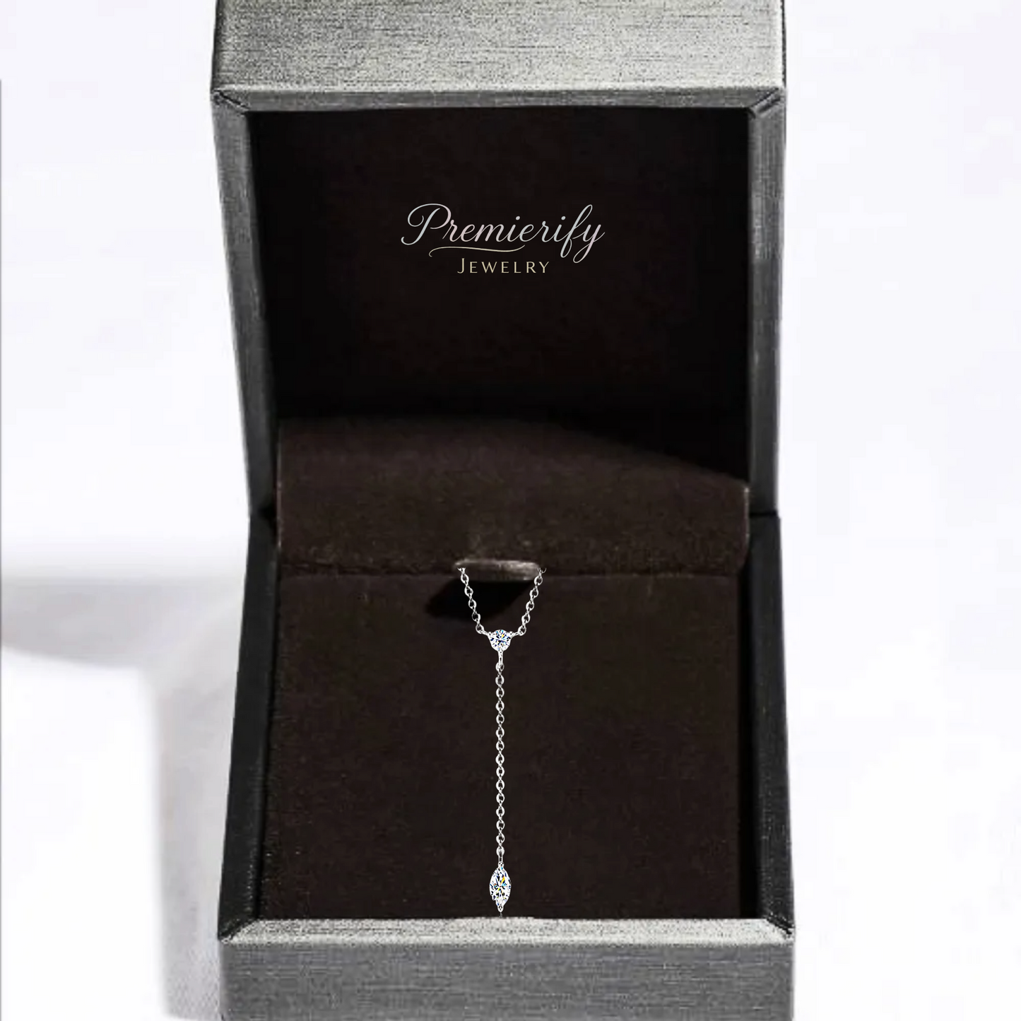 Silver necklace in a Premierify Jewelry box on a white background