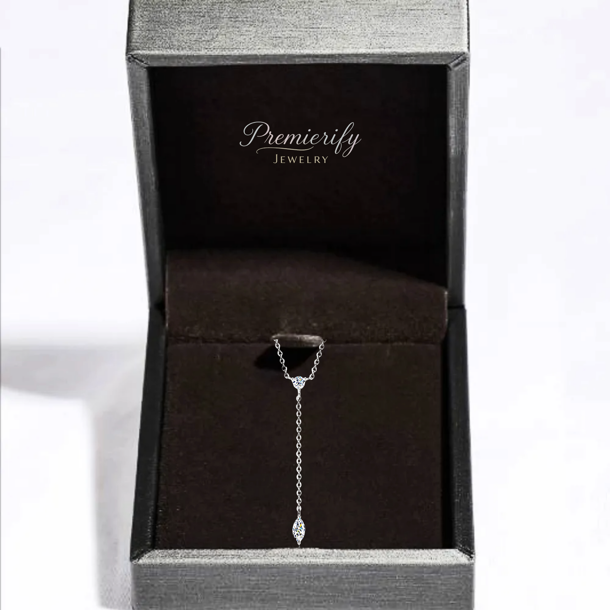 Silver necklace in a Premierify Jewelry box on a white background