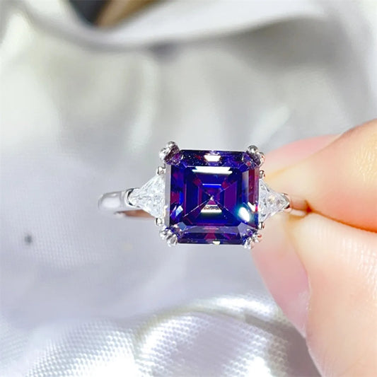 Premierify™ Veloura ring – 3-carat violet radiant-cut moissanite in platinum-plated 925 sterling silver with trillion-cut zircon side stones
