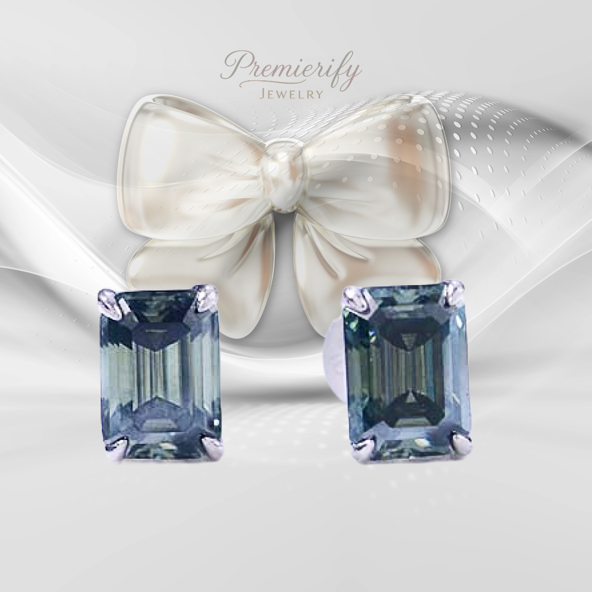 Blue gemstone earrings with a bow in the background, featuring the 'Premierify Jewelry' brand.