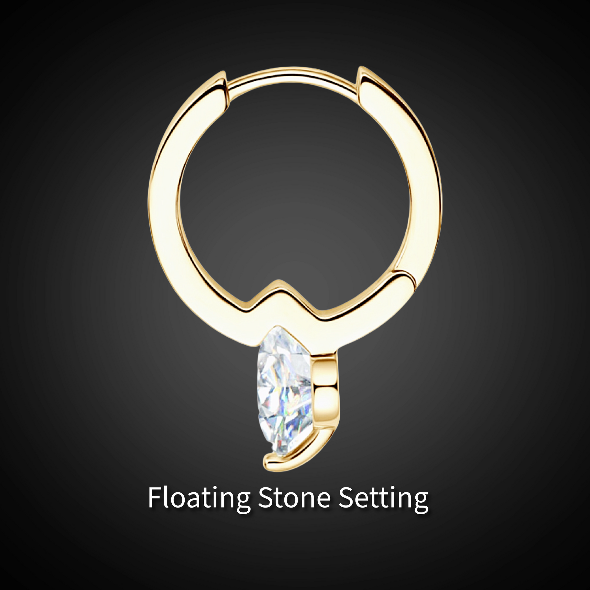 Gold hoop earring with a floating stone on a dark background