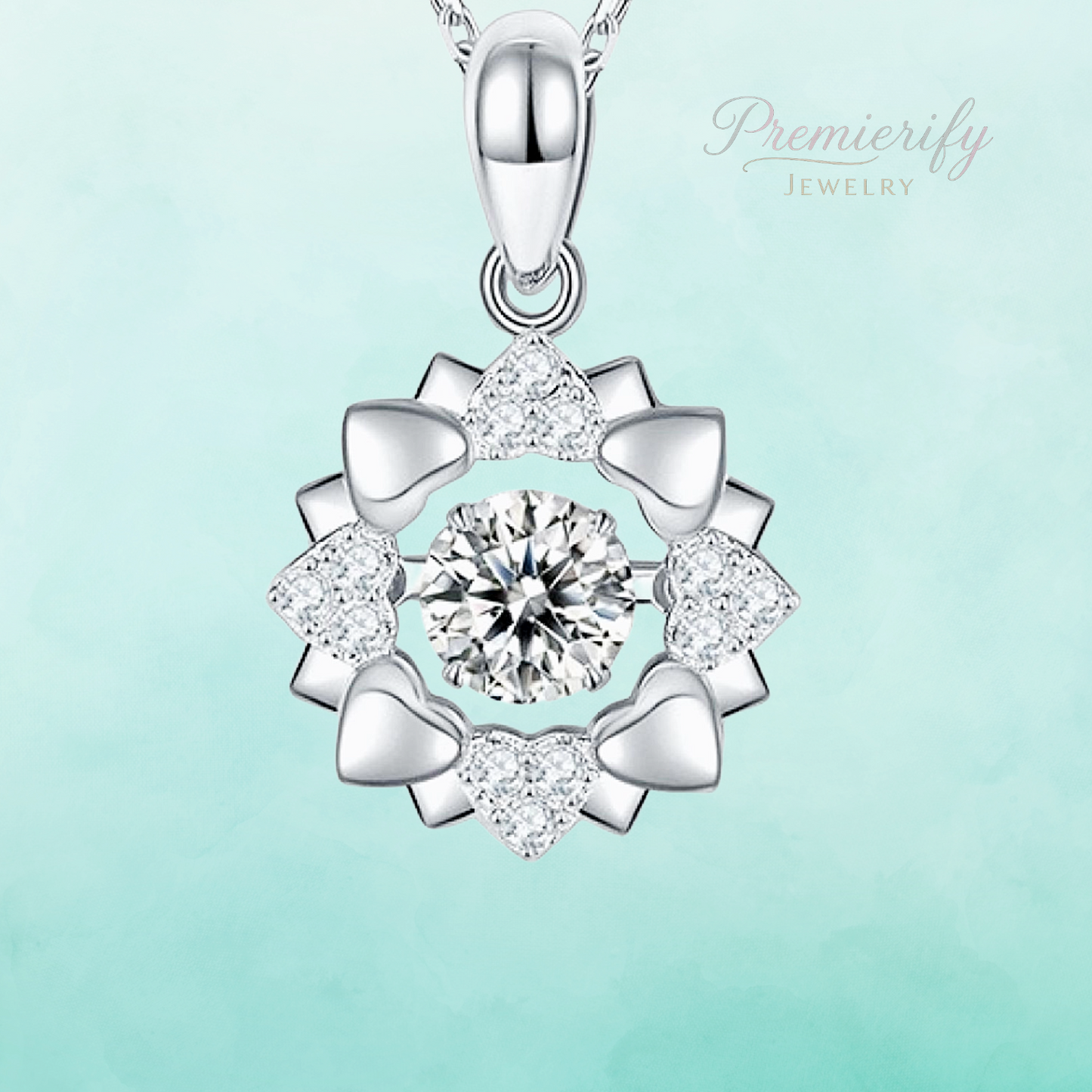 Silver pendant with diamond accents on a light blue background, featuring the 'Premierify Jewelry' brand.