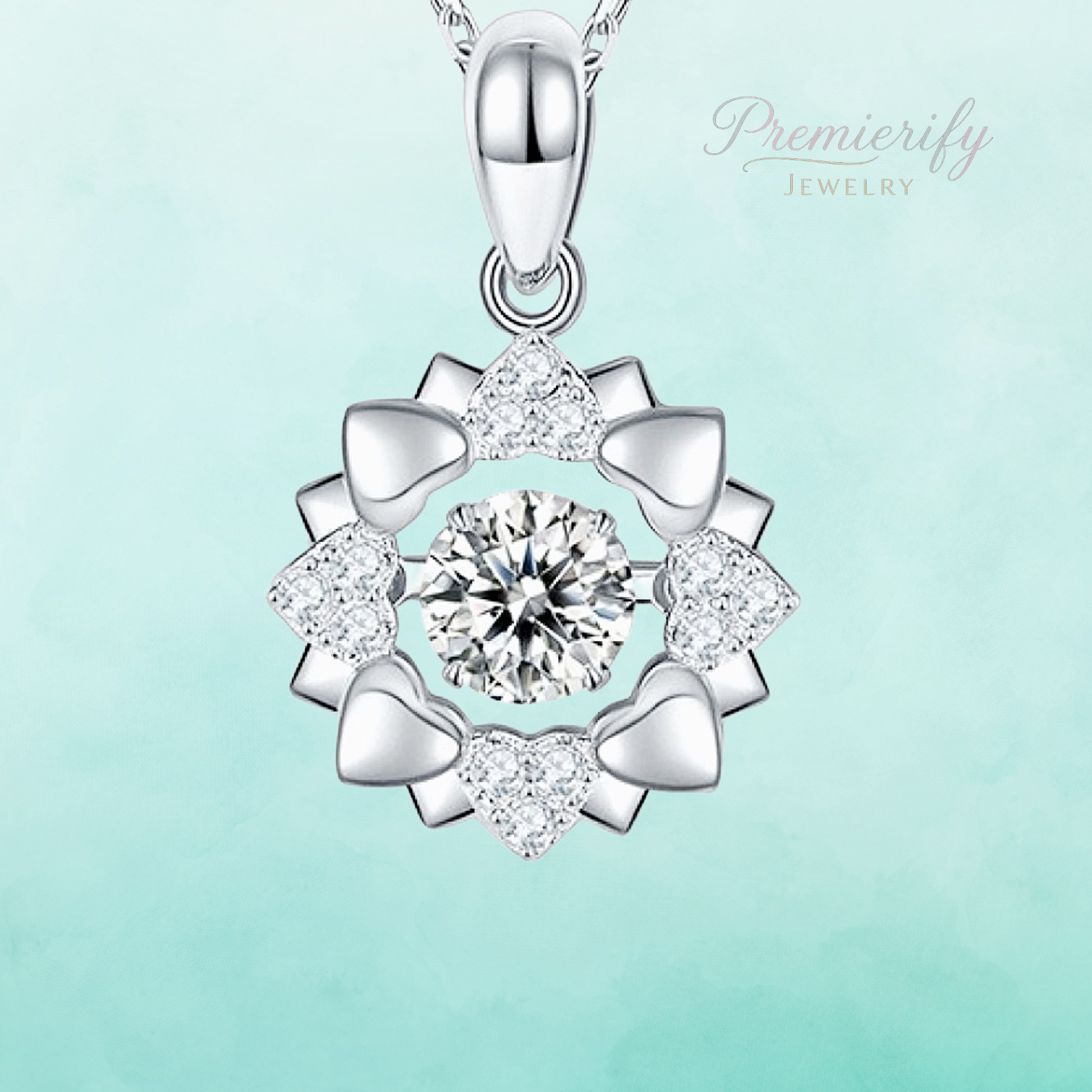 Silver pendant with diamond accents on a light blue background, featuring the 'Premierify Jewelry' brand.